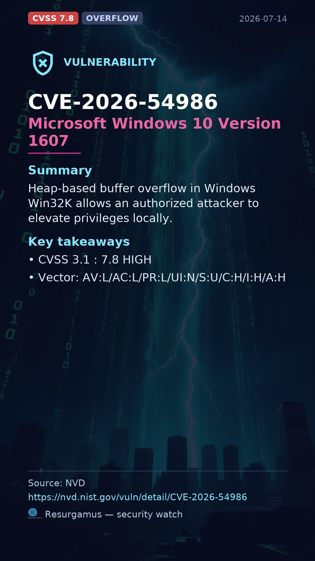 CVE-2026-54986 Microsoft Windows 10 Version 1607 Vulnerability