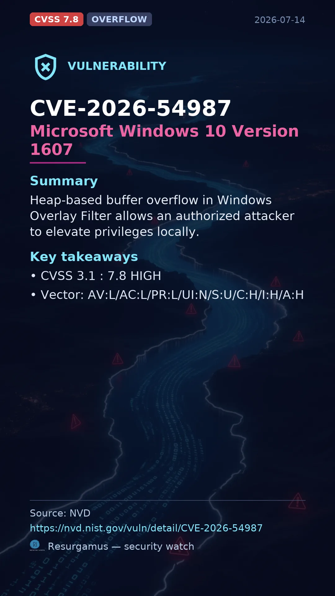 CVE-2026-54987 Microsoft Windows 10 Version 1607 Vulnerability