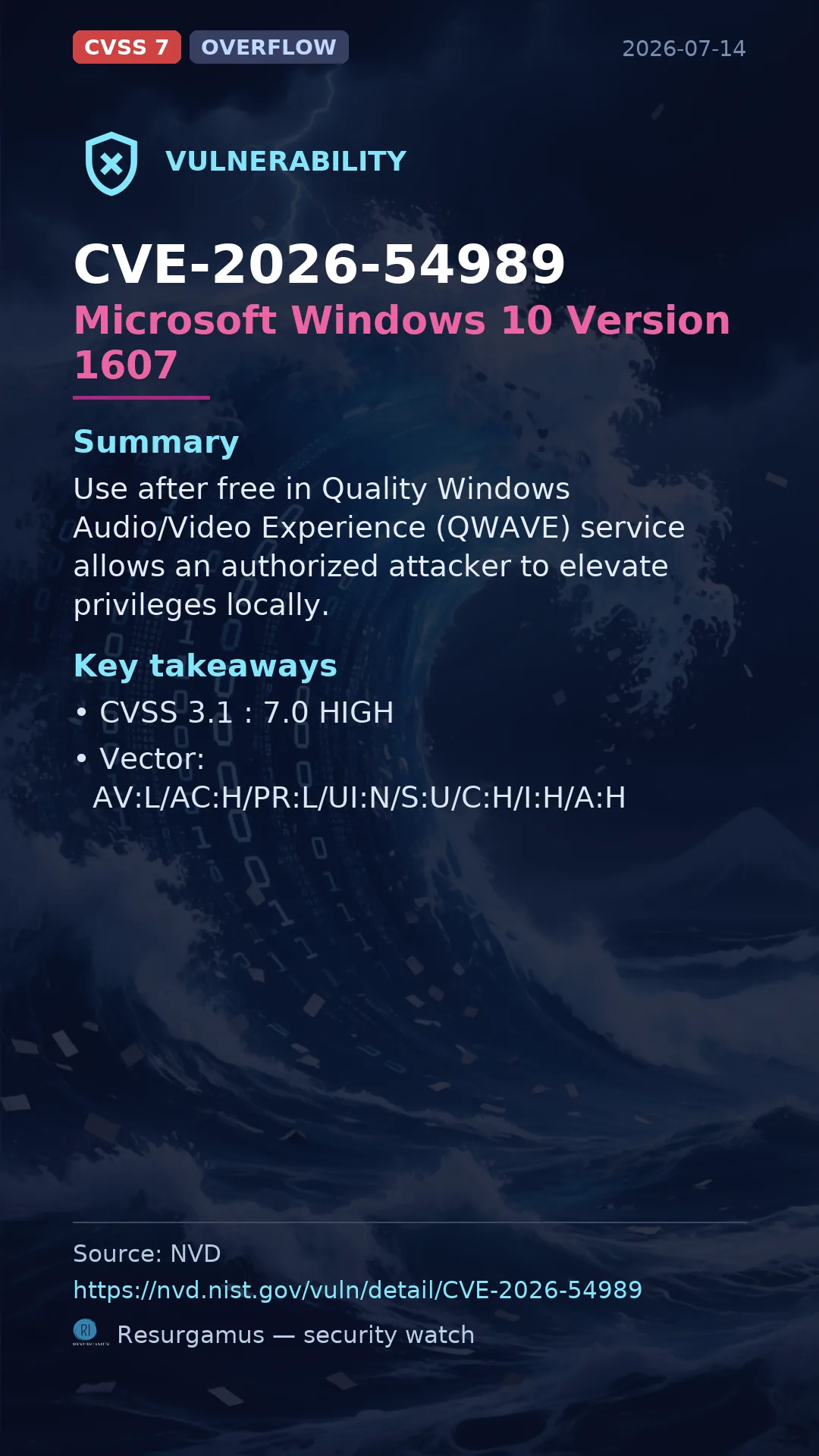 CVE-2026-54989 Microsoft Windows 10 Version 1607 Vulnerability