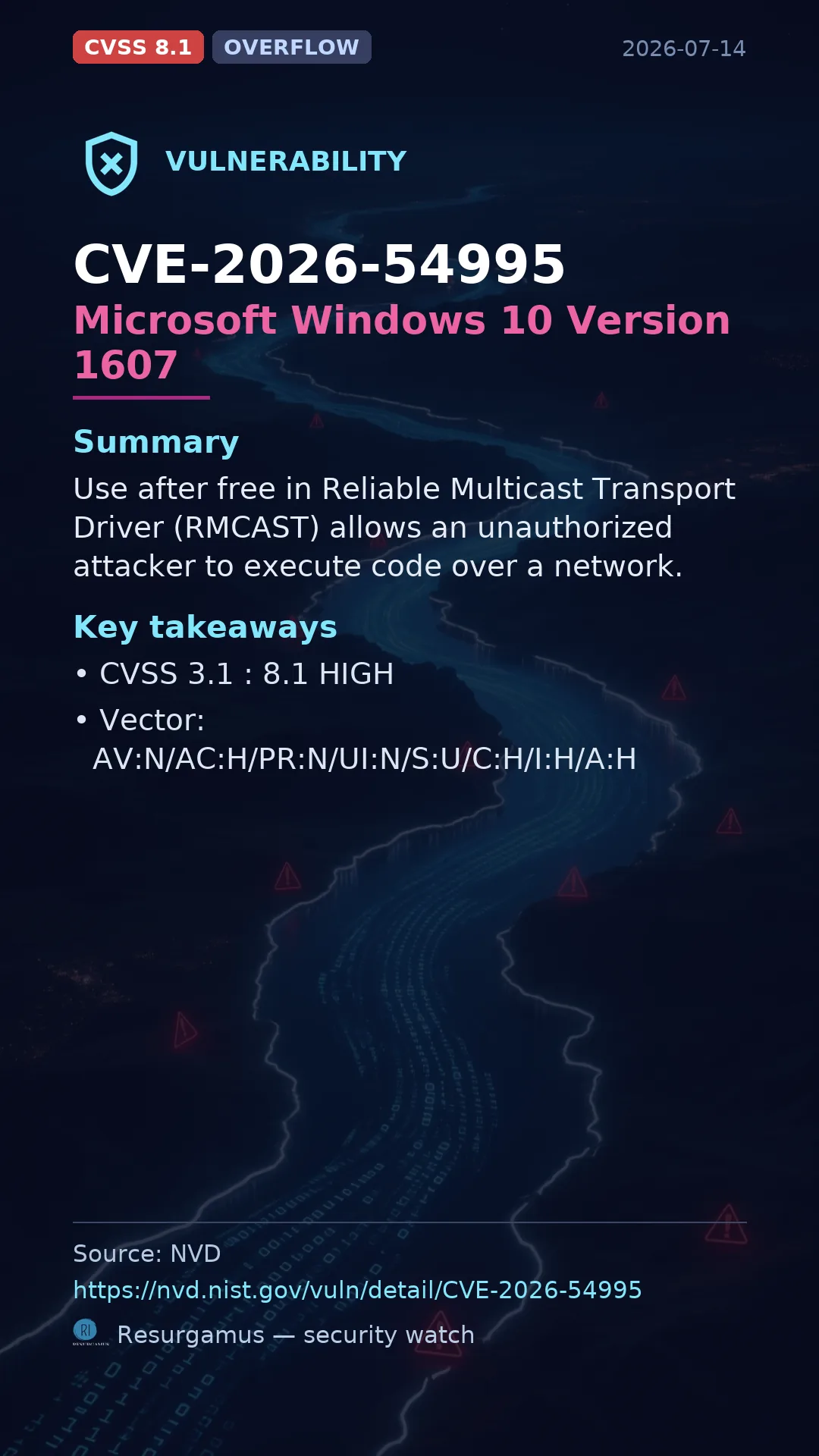 CVE-2026-54995 Microsoft Windows 10 Version 1607 Vulnerability