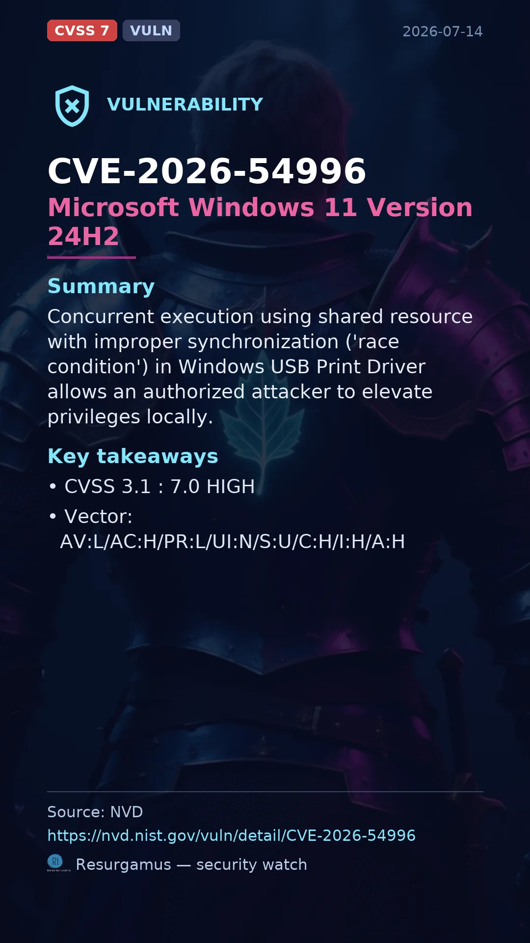 CVE-2026-54996 Microsoft Windows 11 Version 24H2 Vulnerability