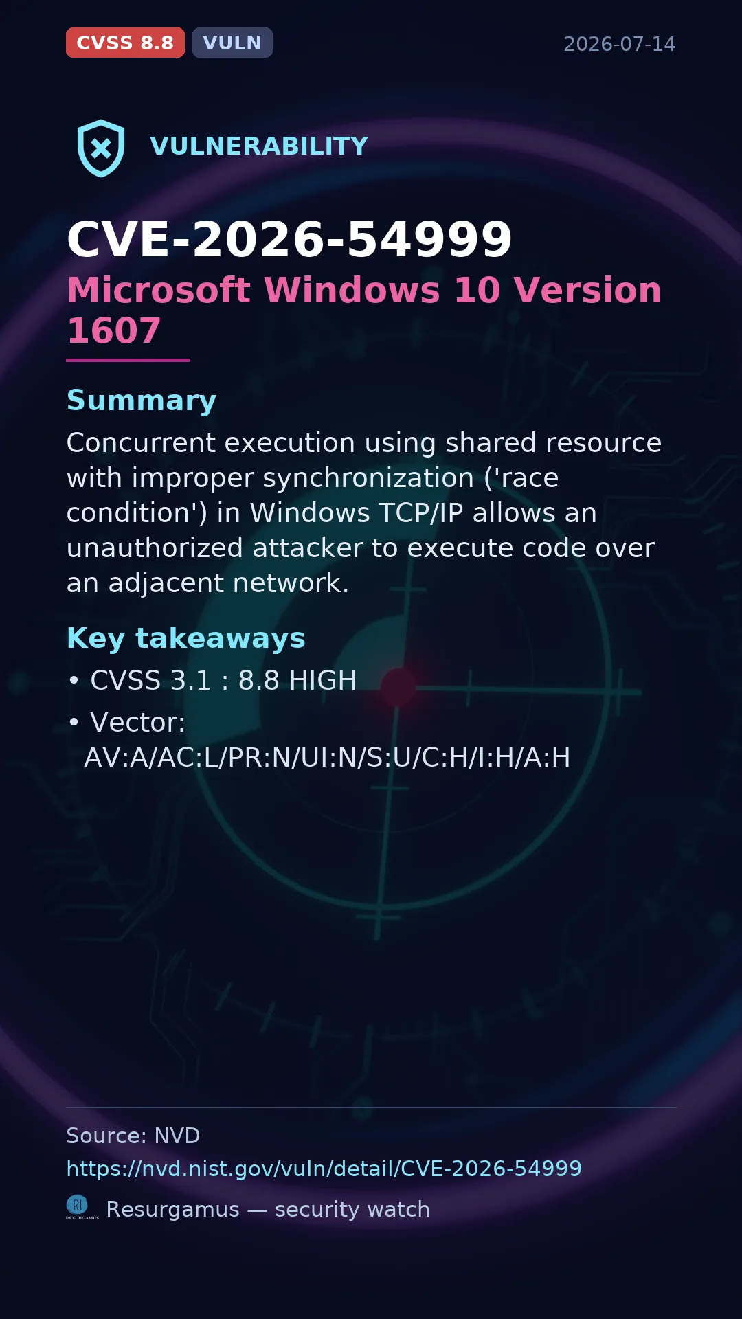 CVE-2026-54999 Microsoft Windows 10 Version 1607 Vulnerability