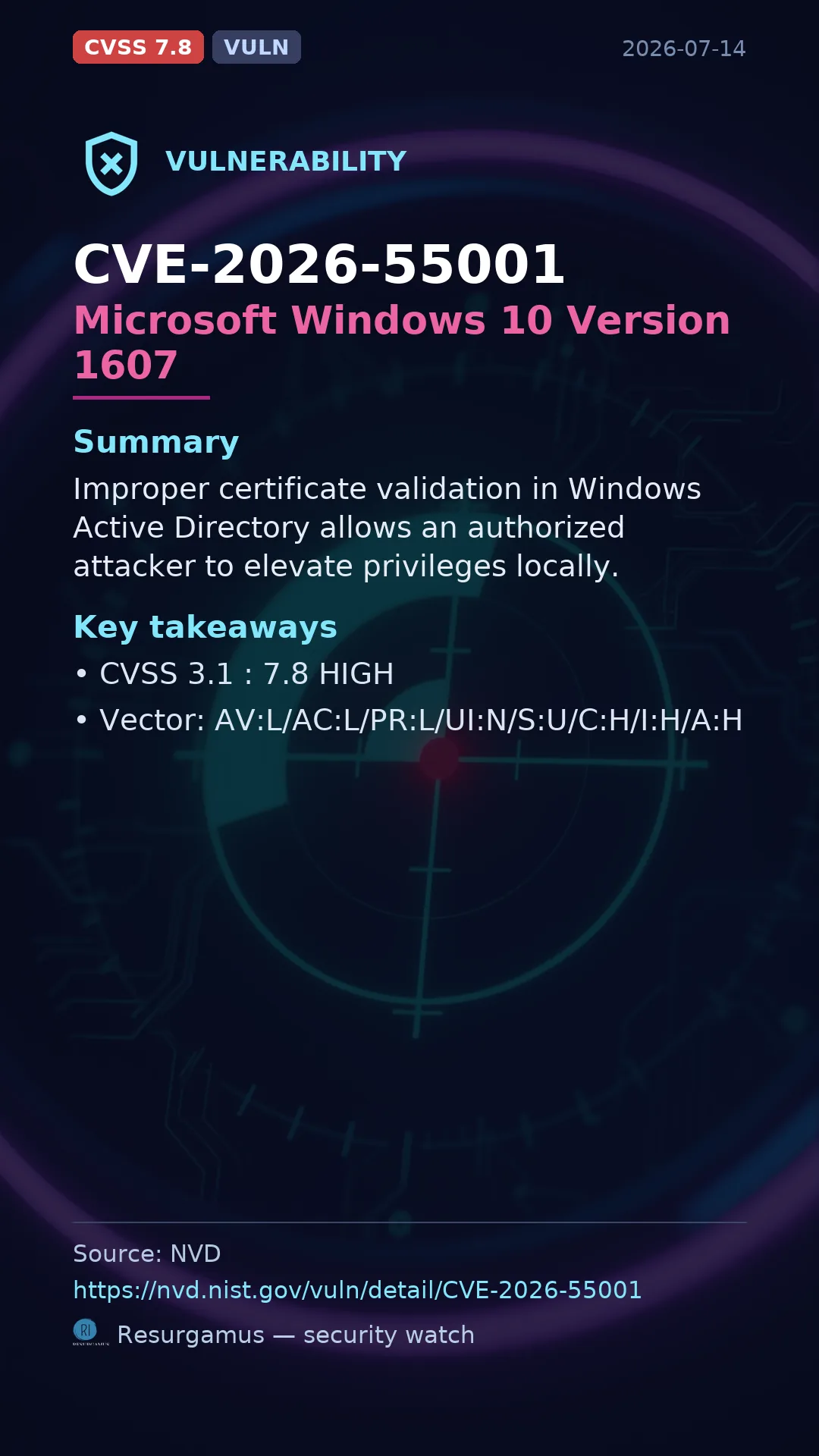 CVE-2026-55001 Microsoft Windows 10 Version 1607 Vulnerability