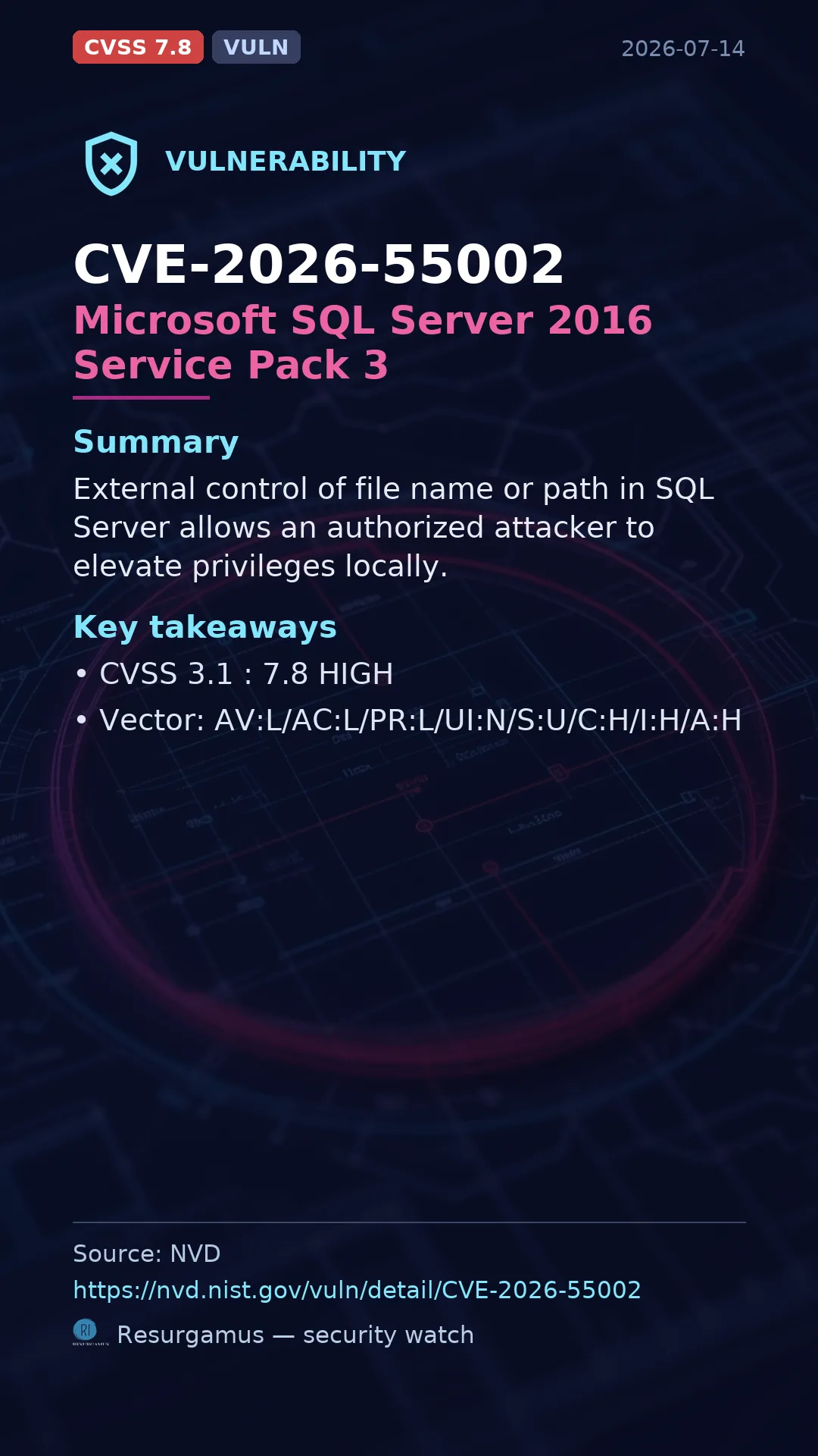 CVE-2026-55002 Microsoft SQL Server 2016 Service Pack 3 Vulnerability