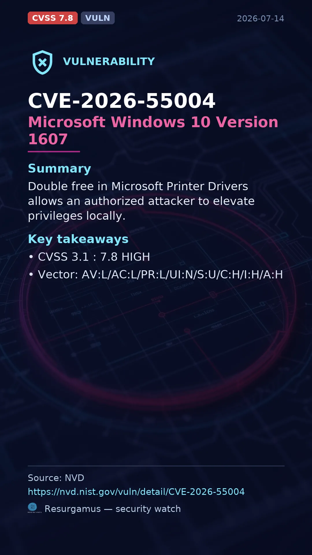 CVE-2026-55004 Microsoft Windows 10 Version 1607 Vulnerability