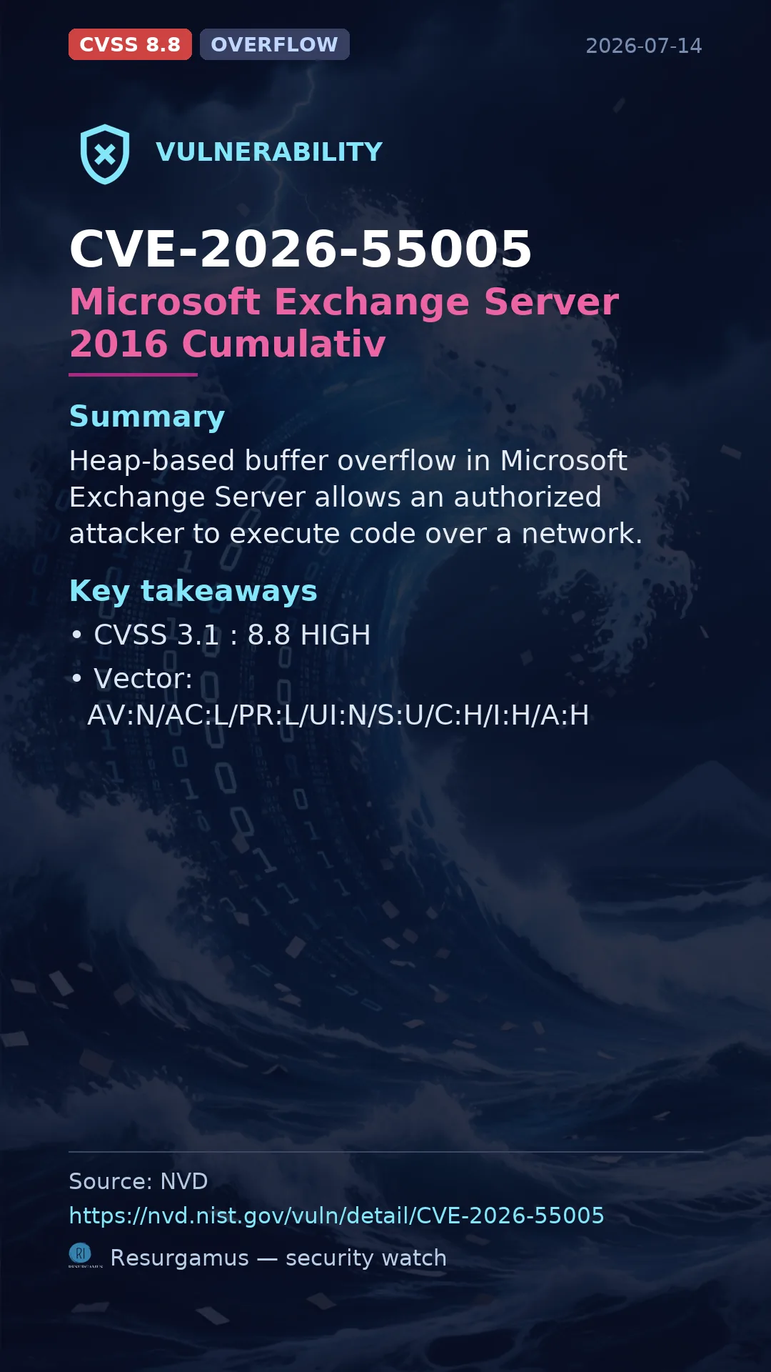 CVE-2026-55005 Microsoft Exchange Server 2016 Cumulativ Vulnerability