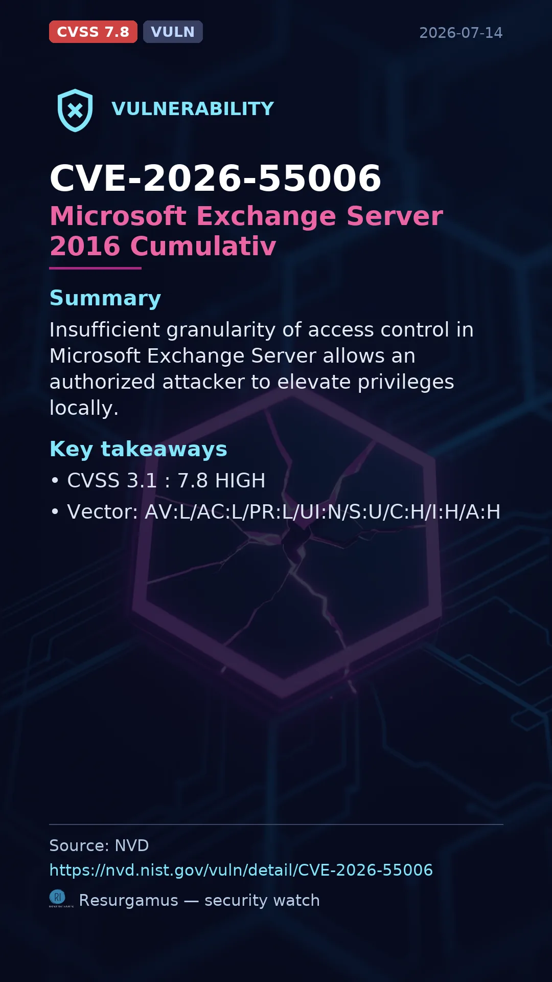 CVE-2026-55006 Microsoft Exchange Server 2016 Cumulativ Vulnerability