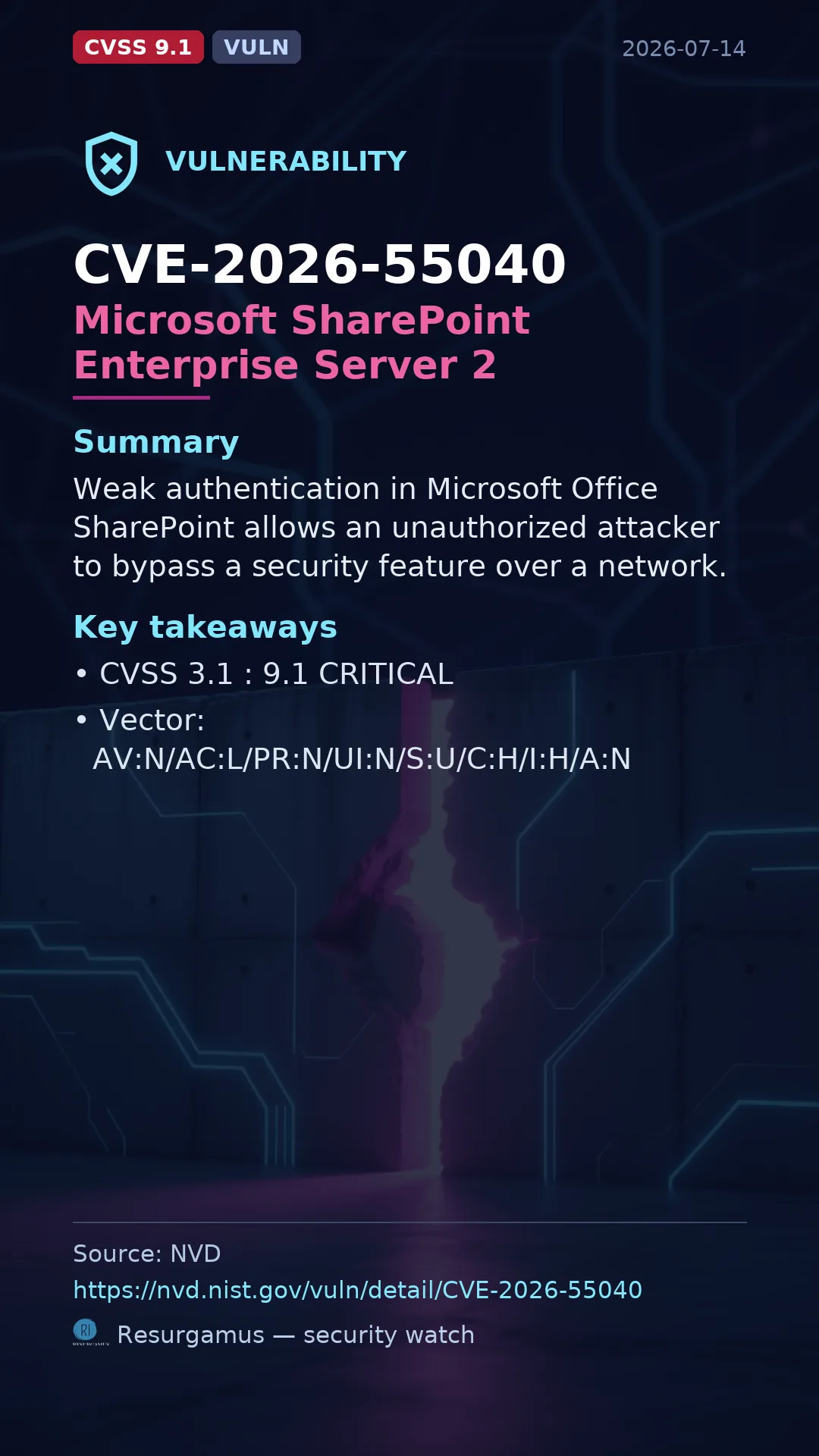 CVE-2026-55040 Microsoft SharePoint Enterprise Server 2 Vulnerability