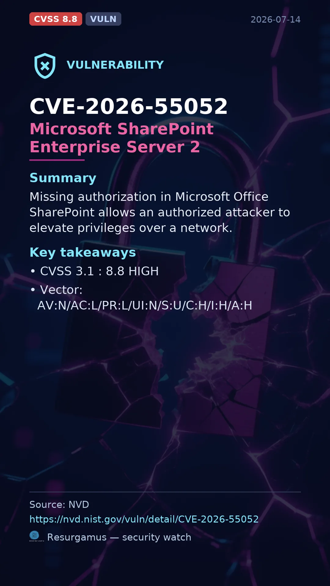 CVE-2026-55052 Microsoft SharePoint Enterprise Server 2 Vulnerability