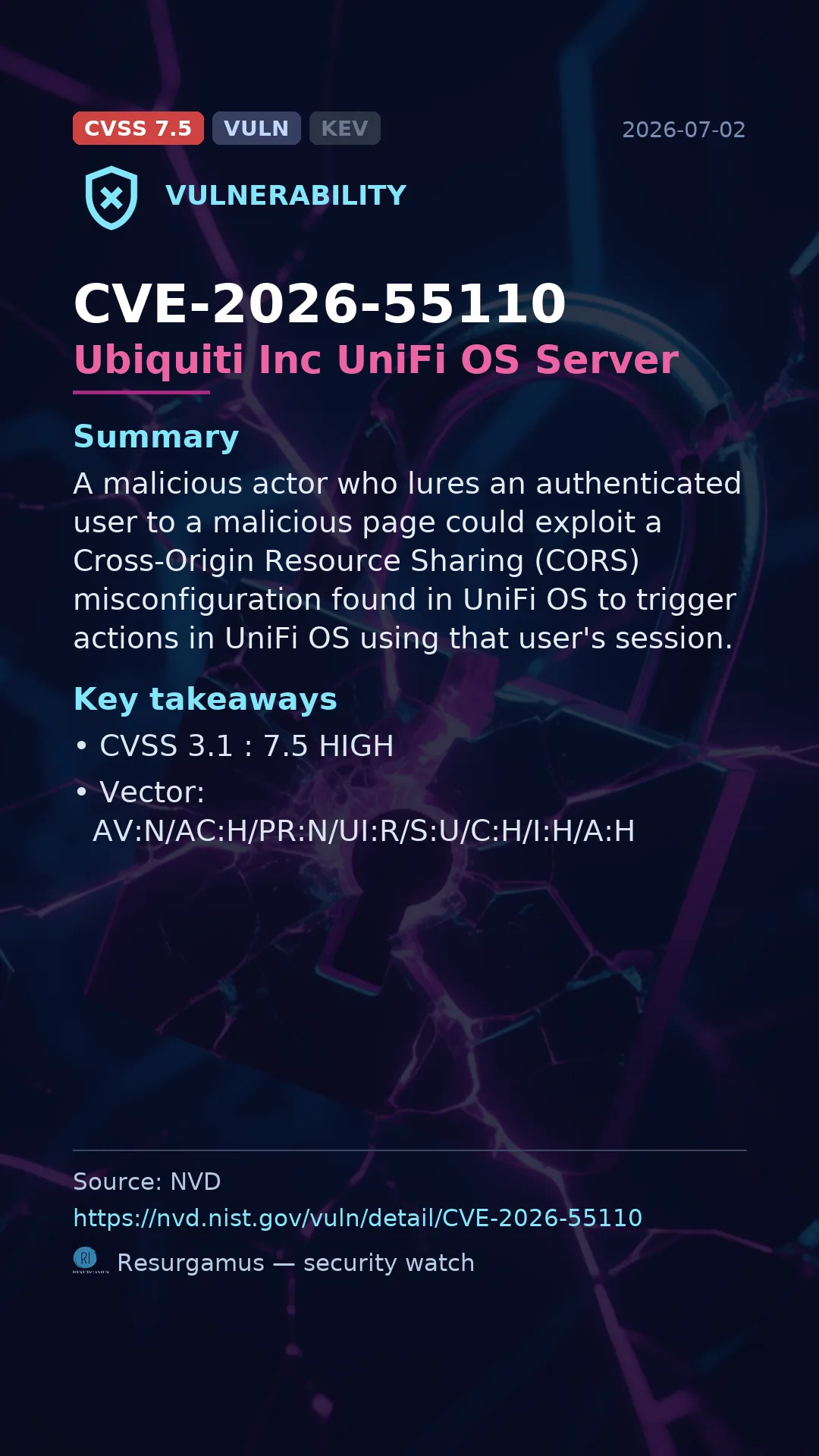 CVE-2026-55110 Ubiquiti Inc UniFi OS Server Vulnerability