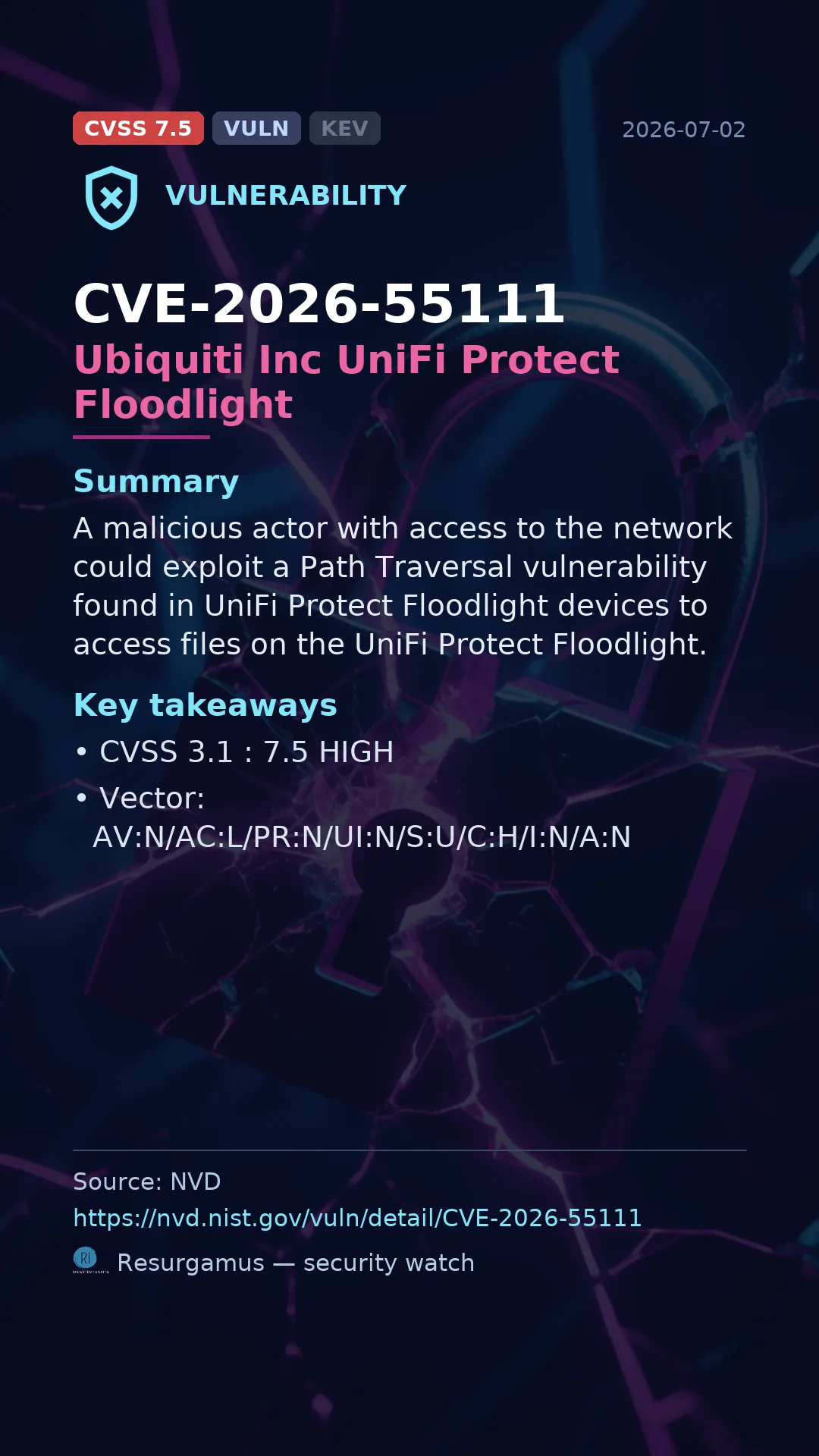 CVE-2026-55111 Ubiquiti Inc UniFi Protect Floodlight Vulnerability