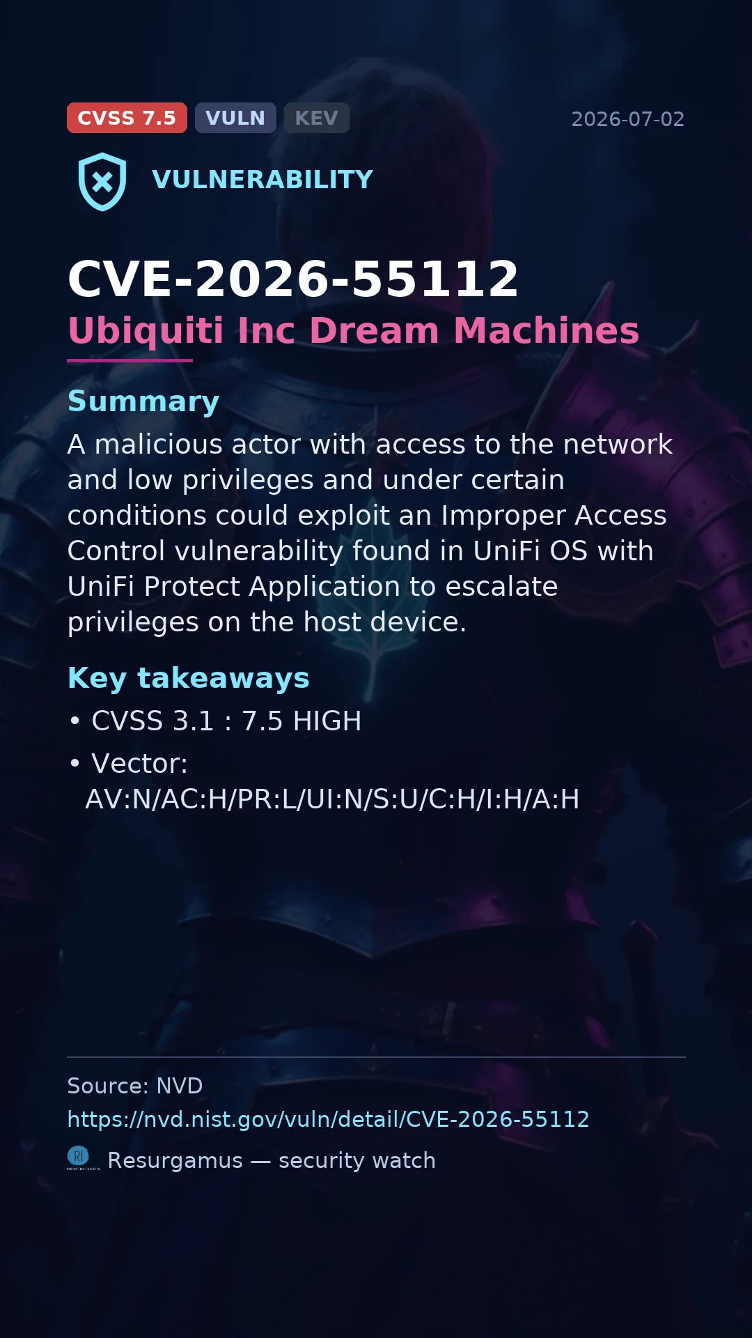 CVE-2026-55112 Ubiquiti Inc Dream Machines Vulnerability