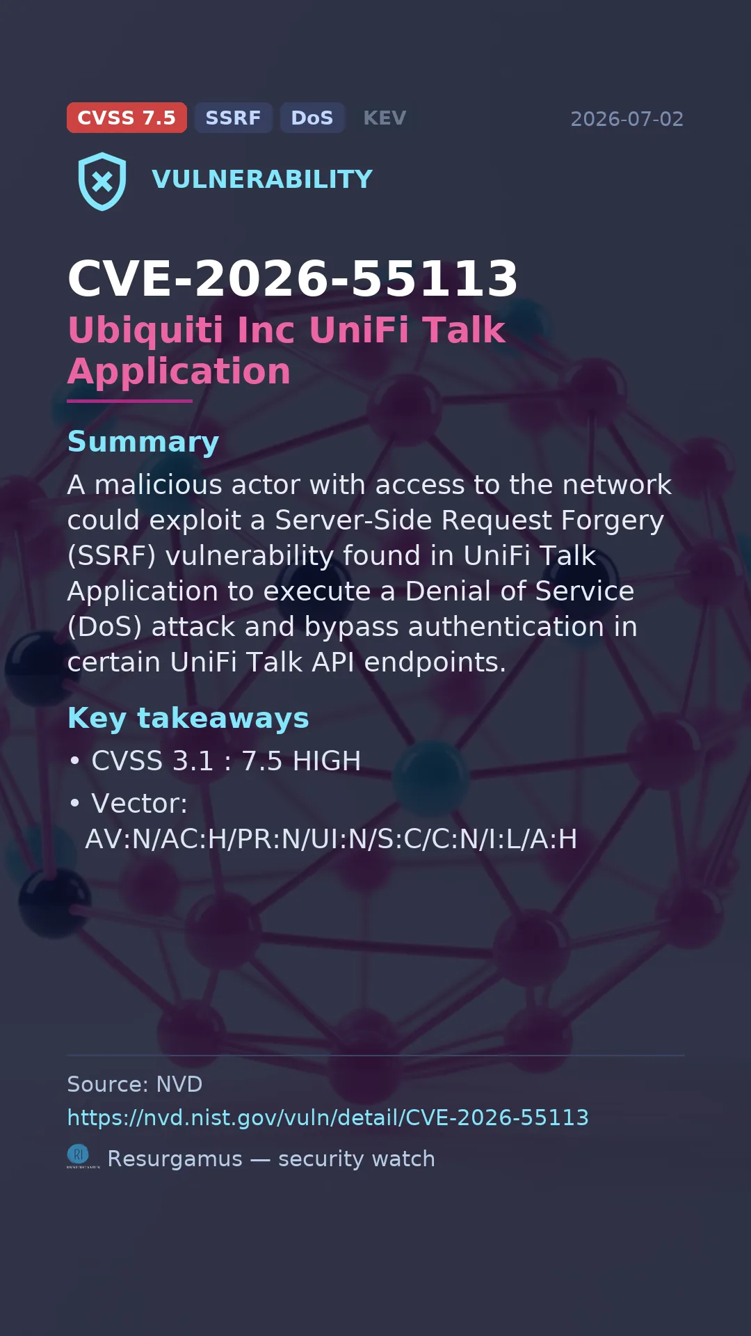 CVE-2026-55113 Ubiquiti Inc UniFi Talk Application Vulnerability