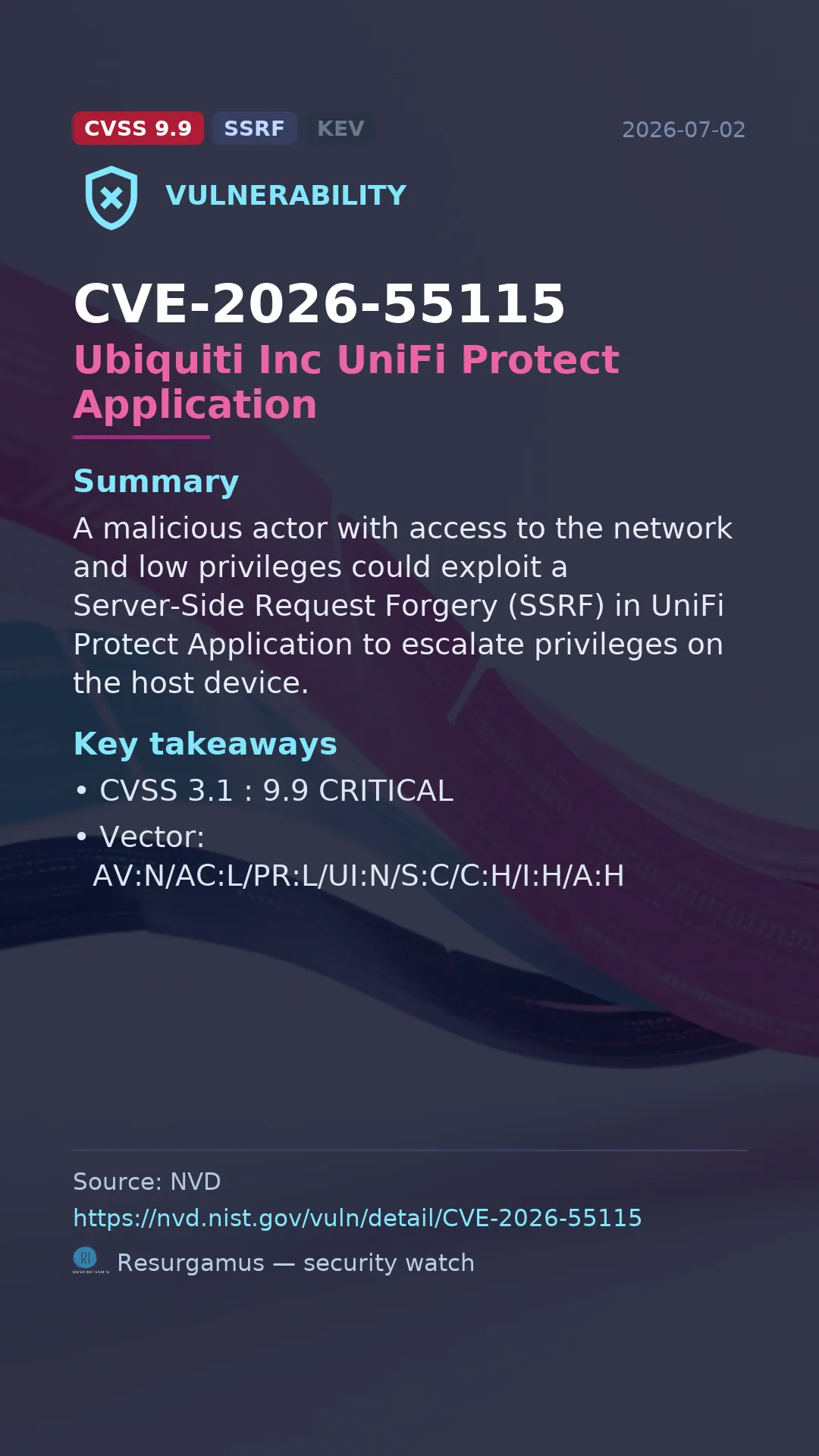 CVE-2026-55115 Ubiquiti Inc UniFi Protect Application Vulnerability