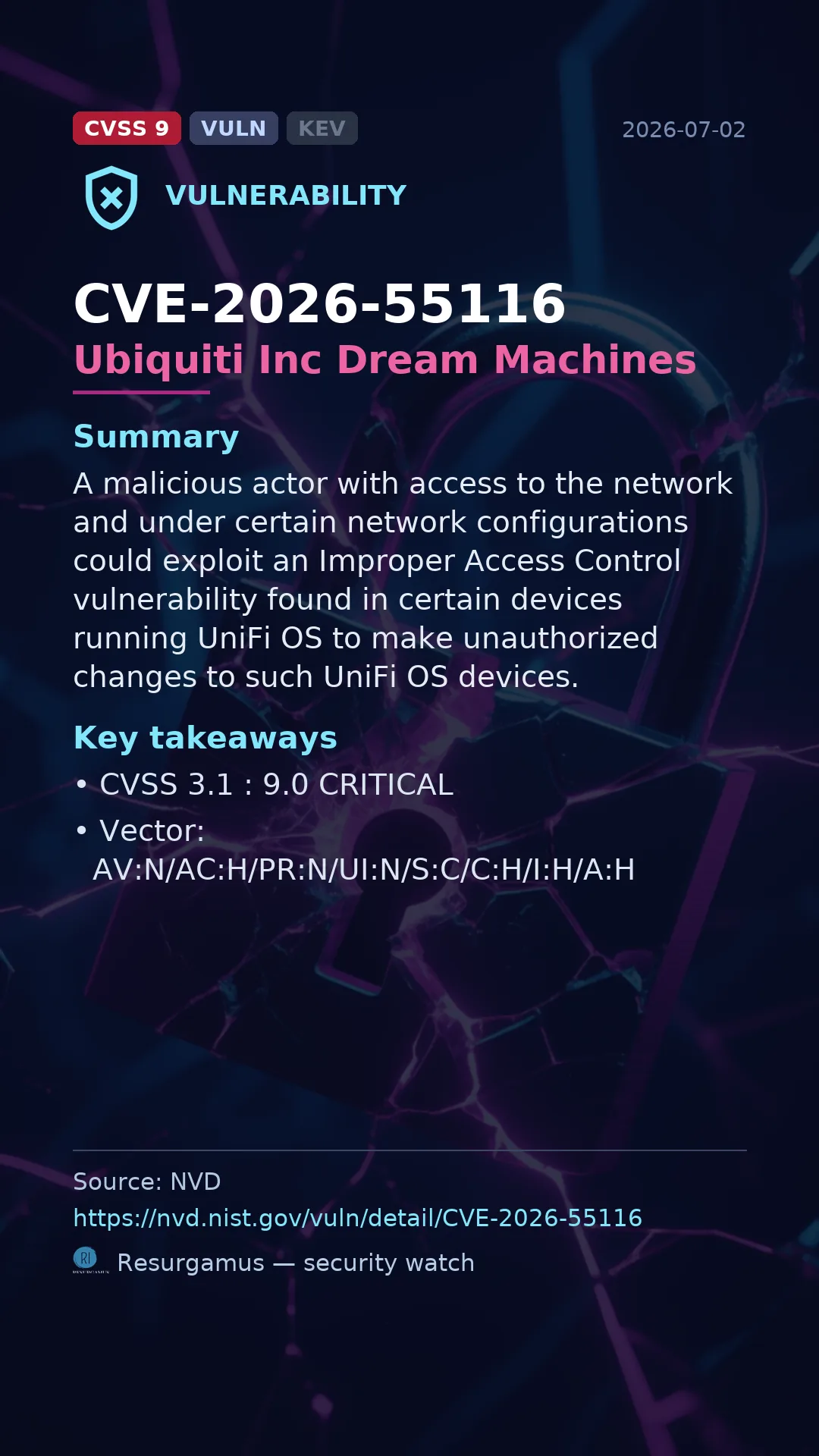 CVE-2026-55116 Ubiquiti Inc Dream Machines Vulnerability
