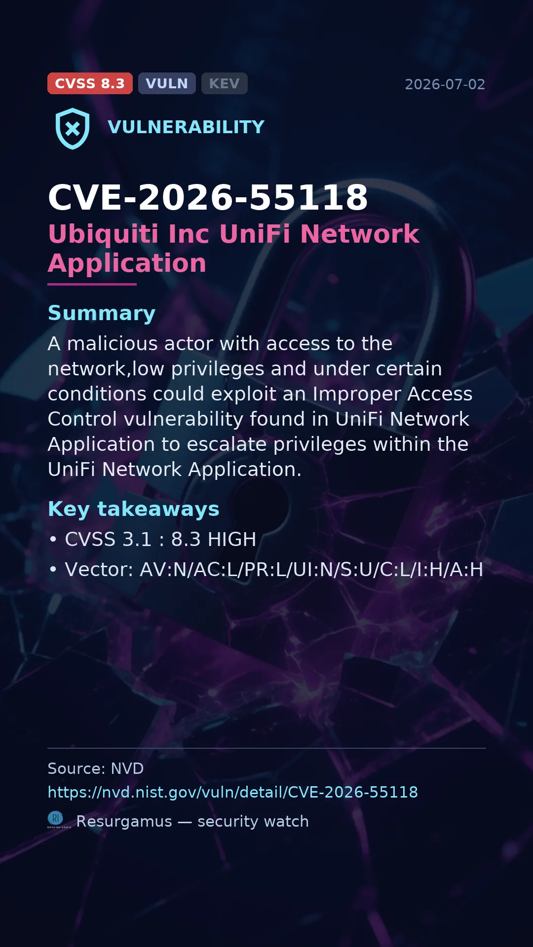 CVE-2026-55118 Ubiquiti Inc UniFi Network Application Vulnerability