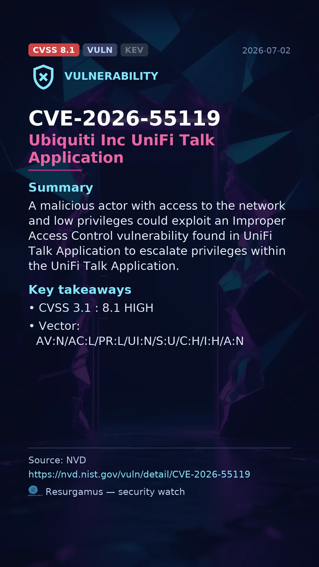 CVE-2026-55119 Ubiquiti Inc UniFi Talk Application Vulnerability