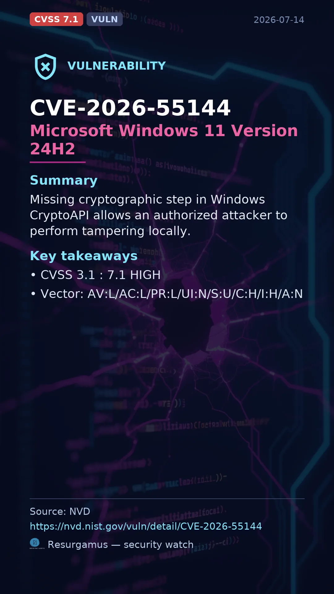 CVE-2026-55144 Microsoft Windows 11 Version 24H2 Vulnerability