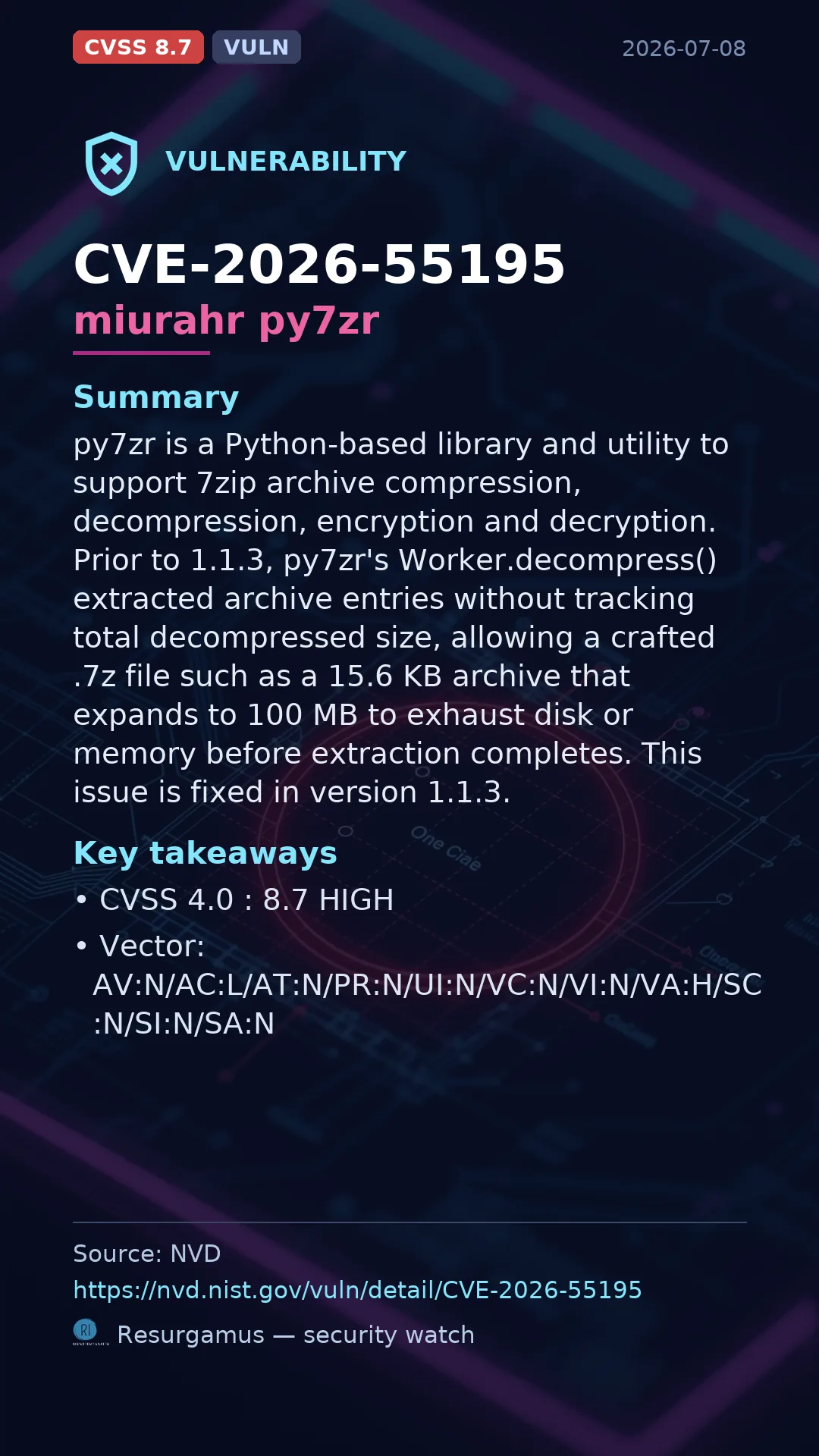 CVE-2026-55195 miurahr py7zr Vulnerability