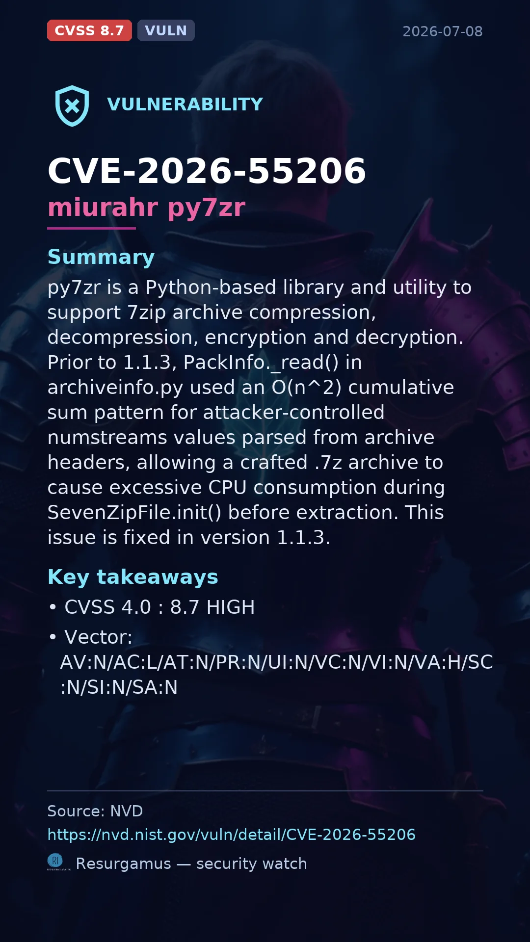 CVE-2026-55206 miurahr py7zr Vulnerability