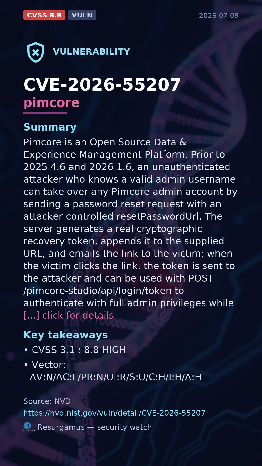 CVE-2026-55207 pimcore Vulnerability