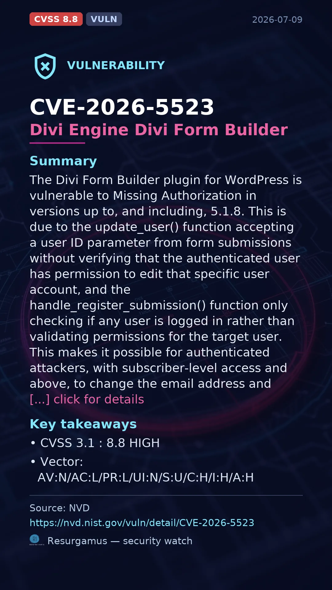 CVE-2026-5523 Divi Engine Divi Form Builder Vulnerability