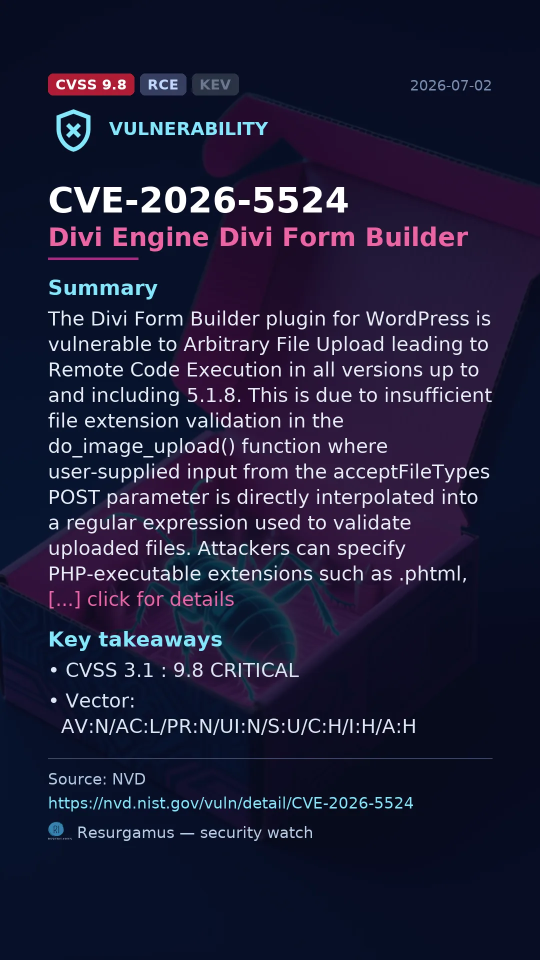 CVE-2026-5524 Divi Engine Divi Form Builder Vulnerability