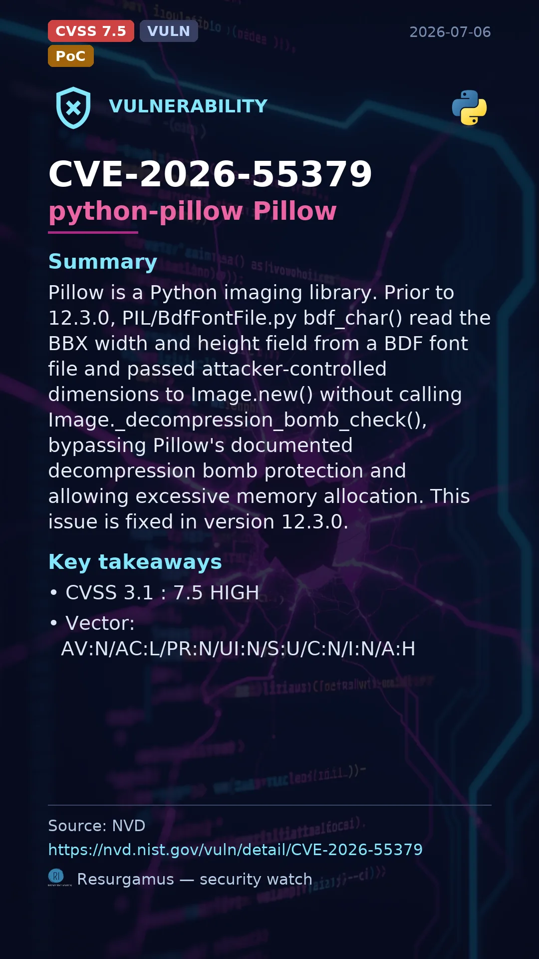 CVE-2026-55379 python-pillow Pillow Vulnerability