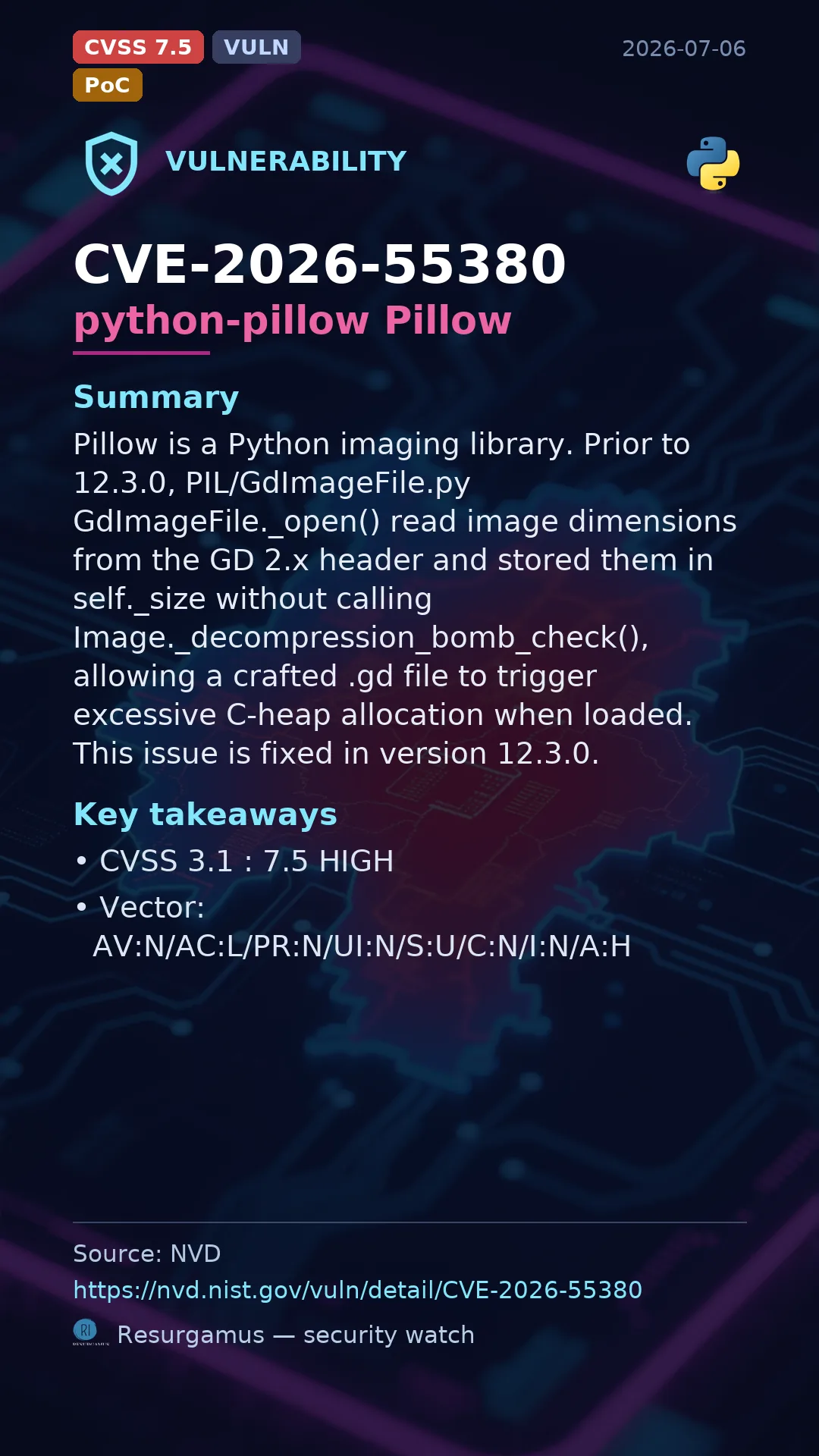 CVE-2026-55380 python-pillow Pillow Vulnerability