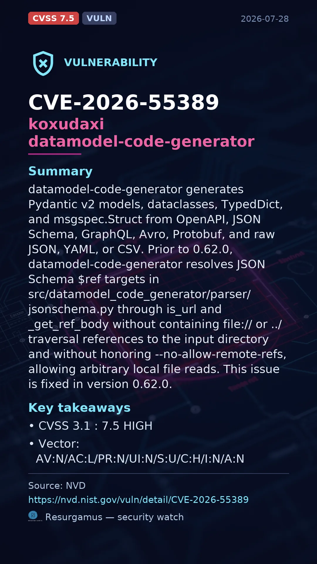 CVE-2026-55389 koxudaxi datamodel-code-generator Vulnerability