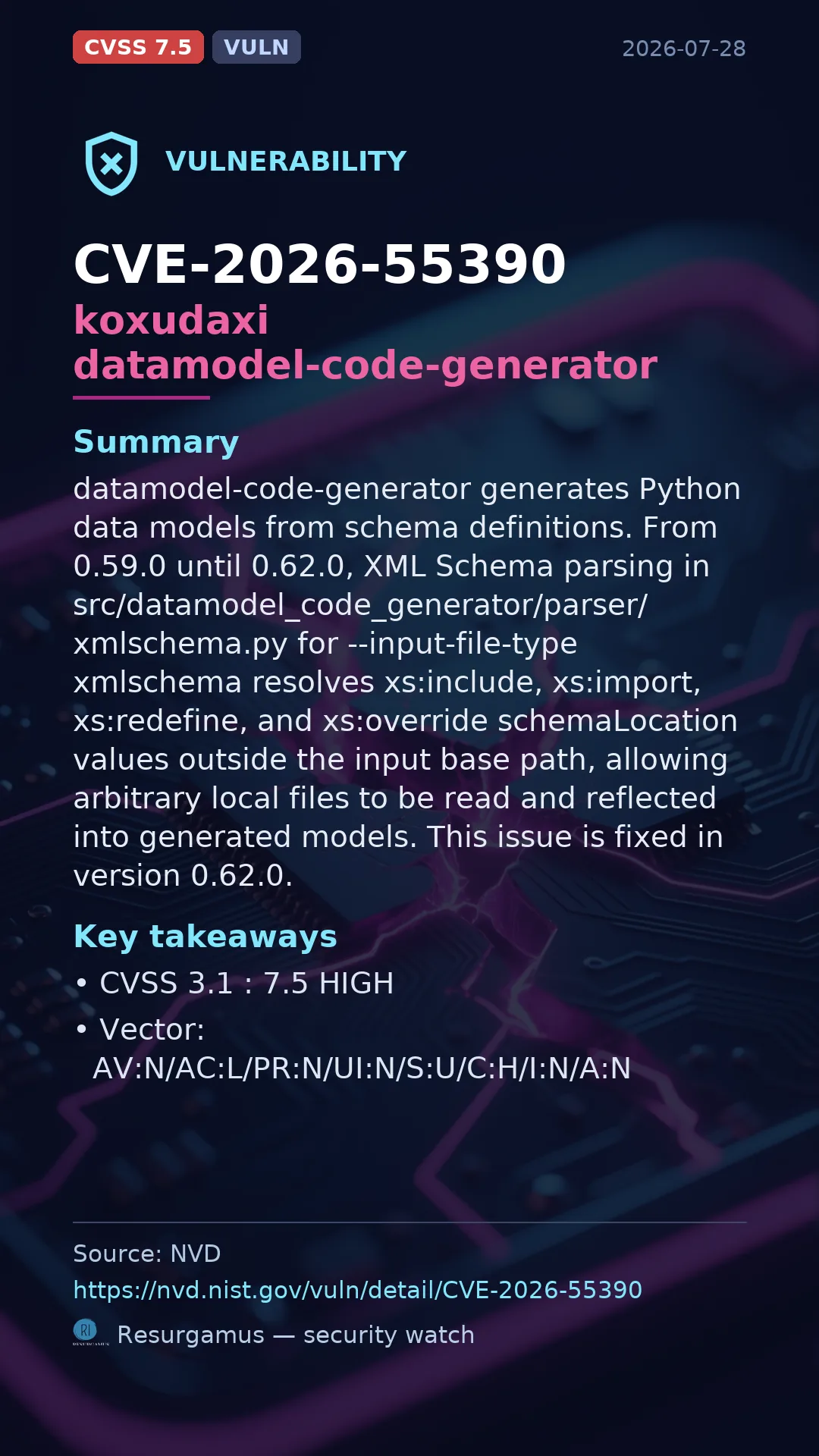 CVE-2026-55390 koxudaxi datamodel-code-generator Vulnerability