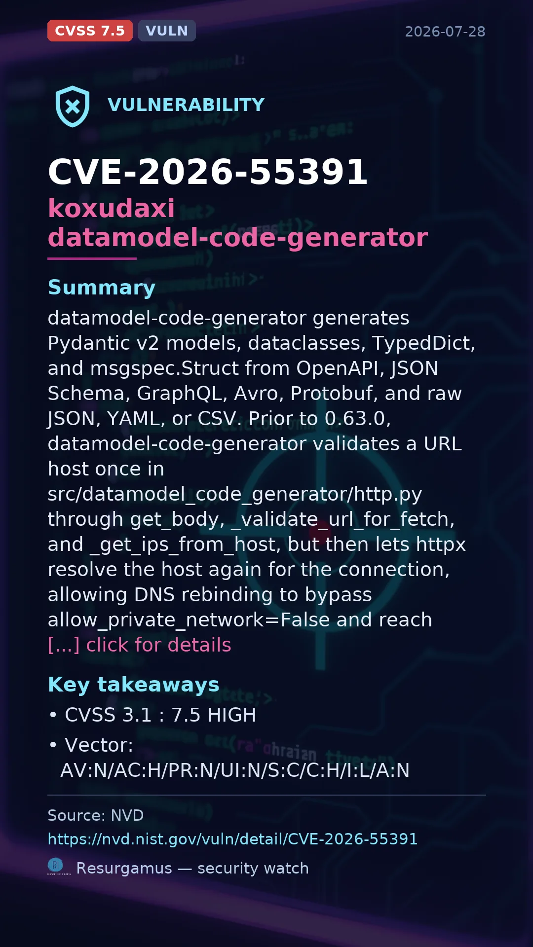 CVE-2026-55391 koxudaxi datamodel-code-generator Vulnerability