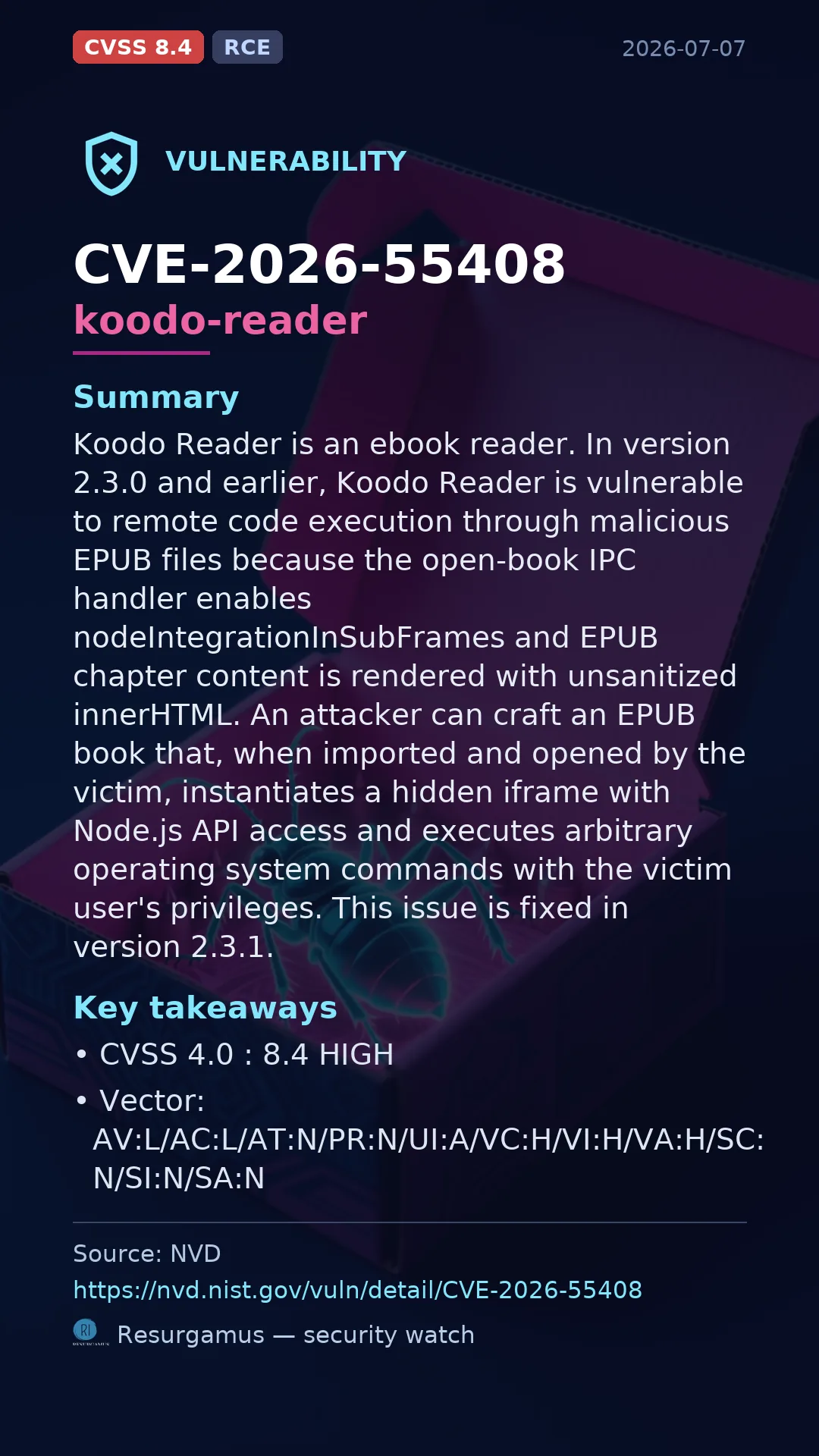 CVE-2026-55408 koodo-reader Vulnerability