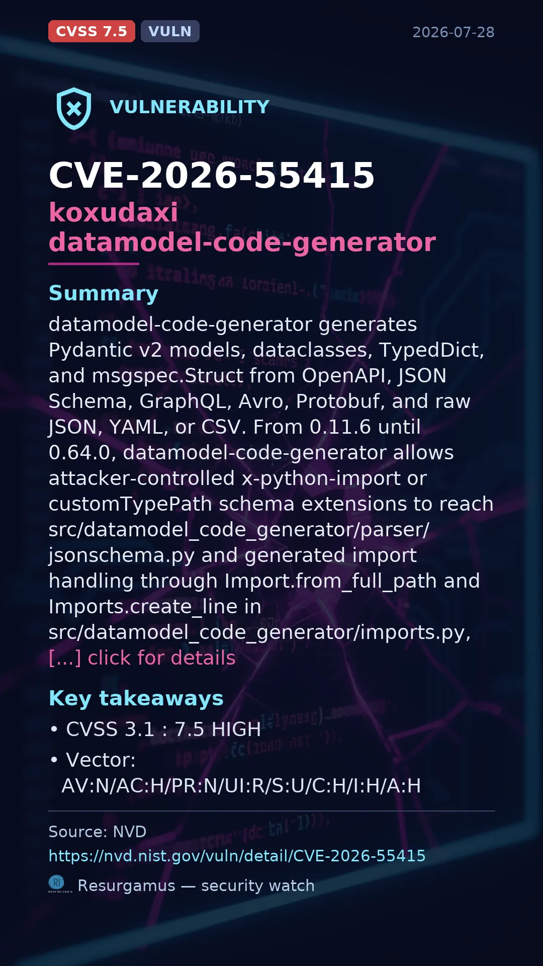 CVE-2026-55415 koxudaxi datamodel-code-generator Vulnerability