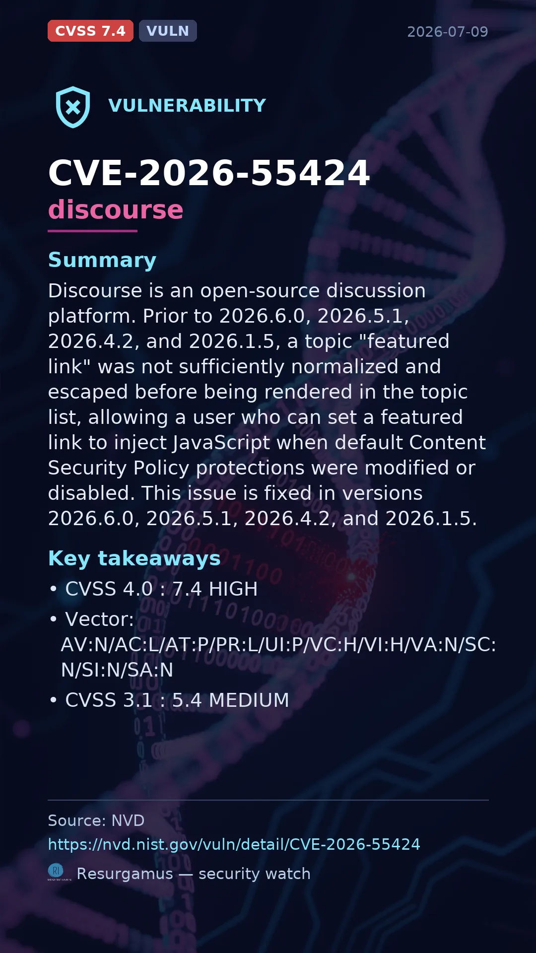CVE-2026-55424 discourse Vulnerability