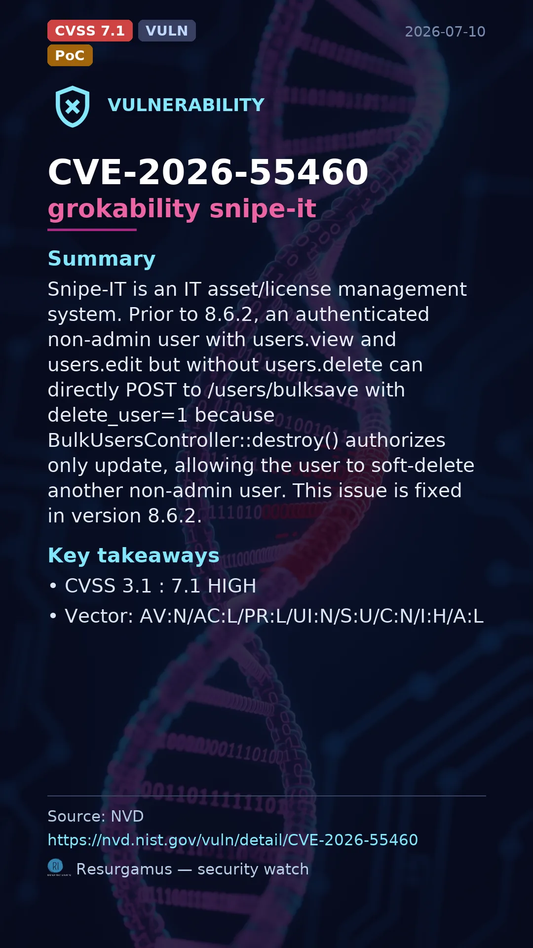 CVE-2026-55460 grokability snipe-it Vulnerability