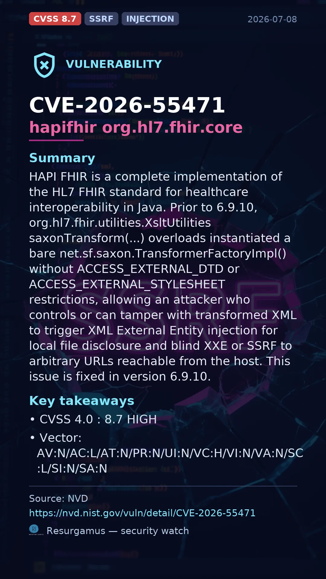 CVE-2026-55471 hapifhir org.hl7.fhir.core Vulnerability