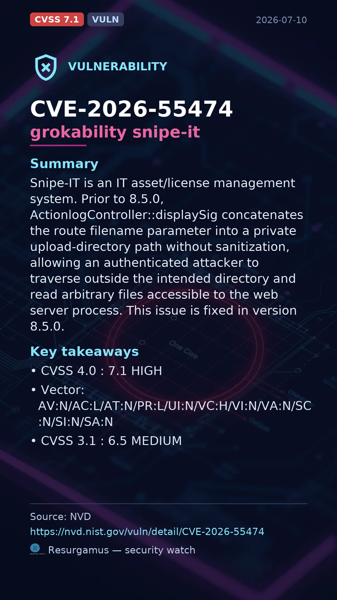 CVE-2026-55474 grokability snipe-it Vulnerability