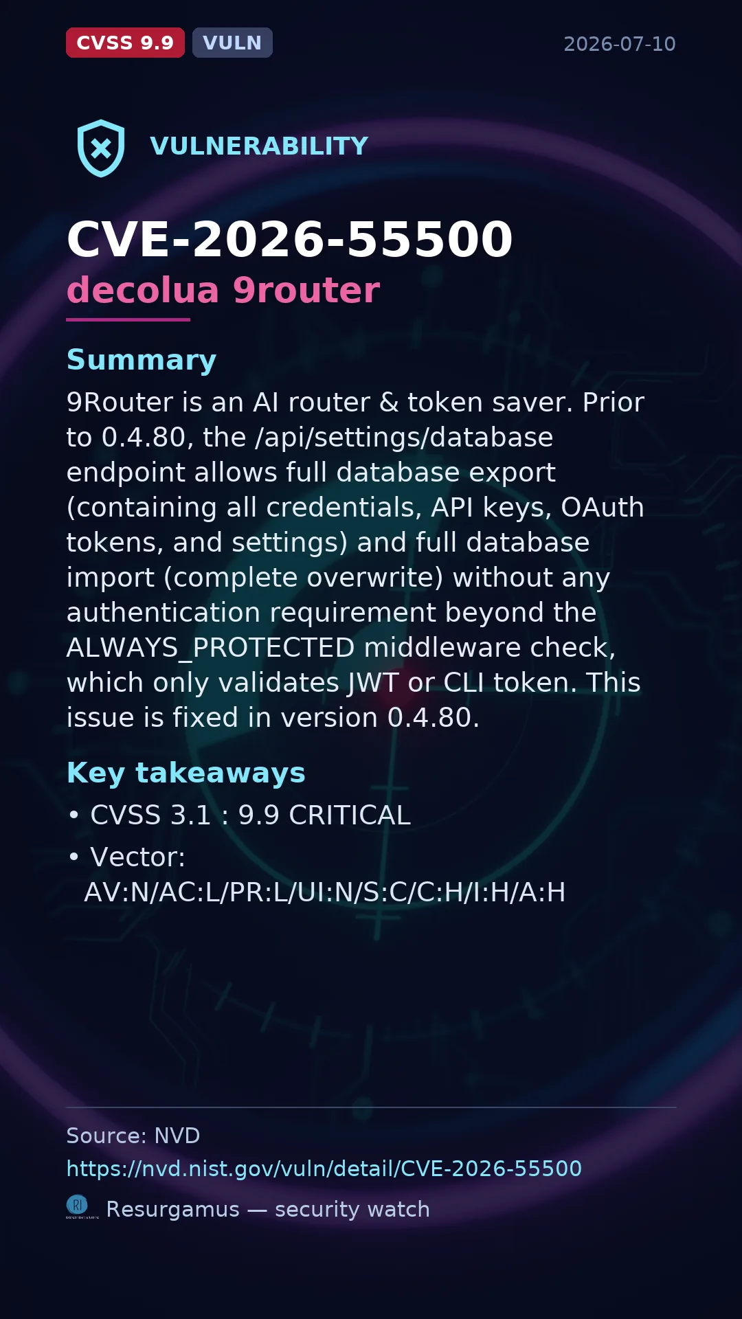 CVE-2026-55500 decolua 9router Vulnerability