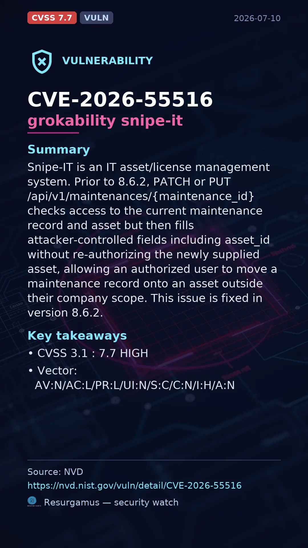 CVE-2026-55516 grokability snipe-it Vulnerability