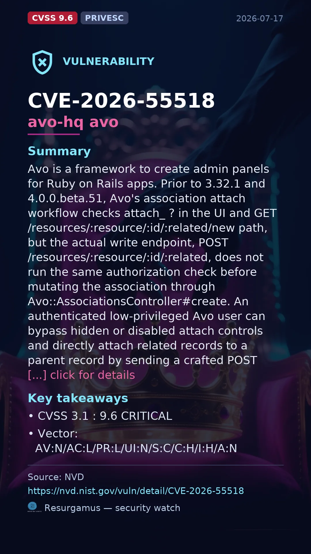 CVE-2026-55518 avo-hq avo Vulnerability