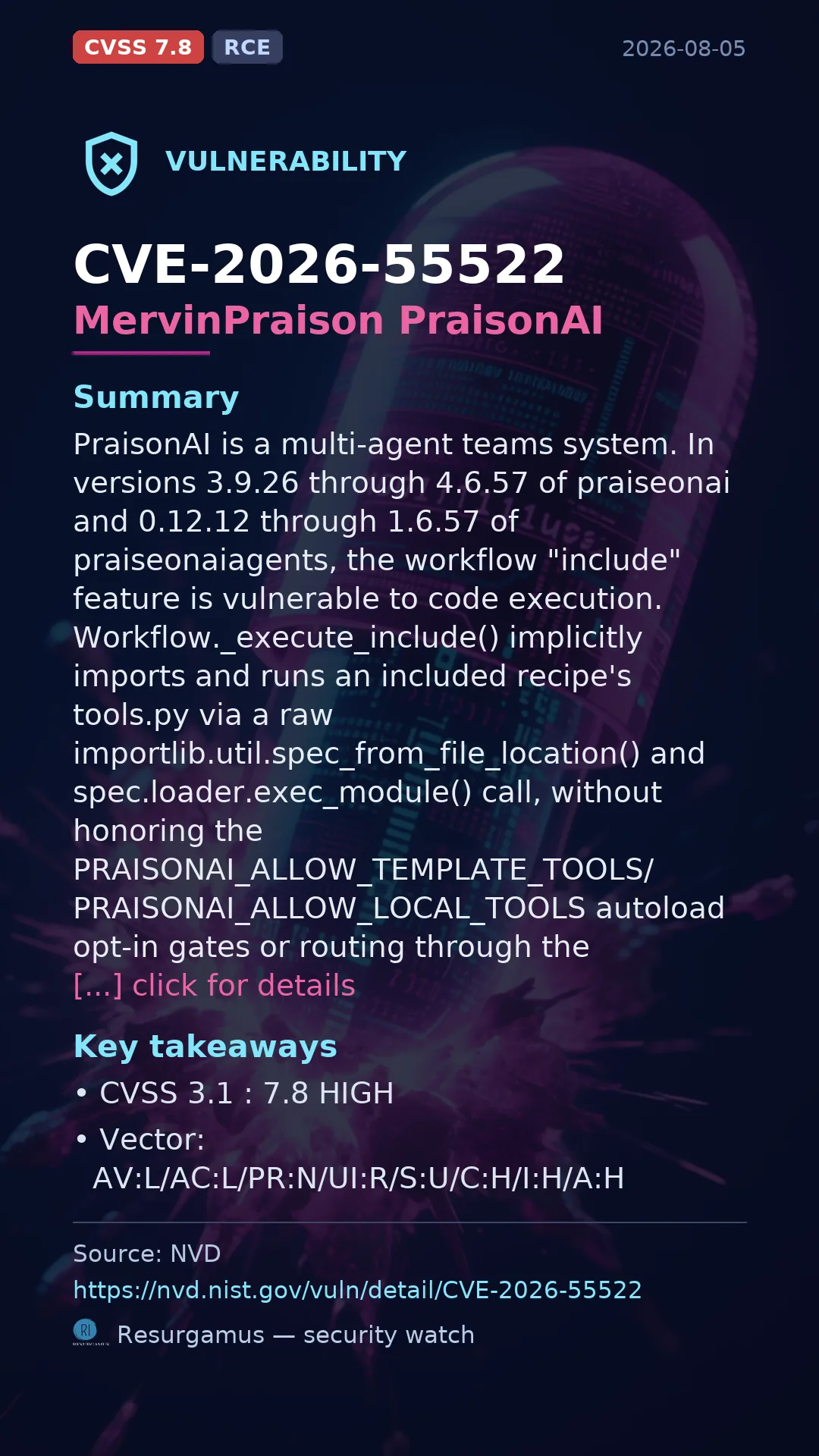 CVE-2026-55522 MervinPraison PraisonAI Vulnerability