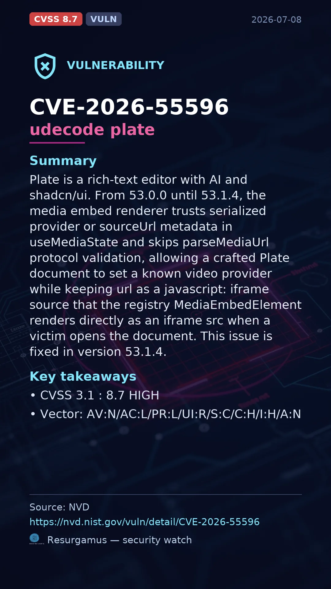 CVE-2026-55596 udecode plate Vulnerability