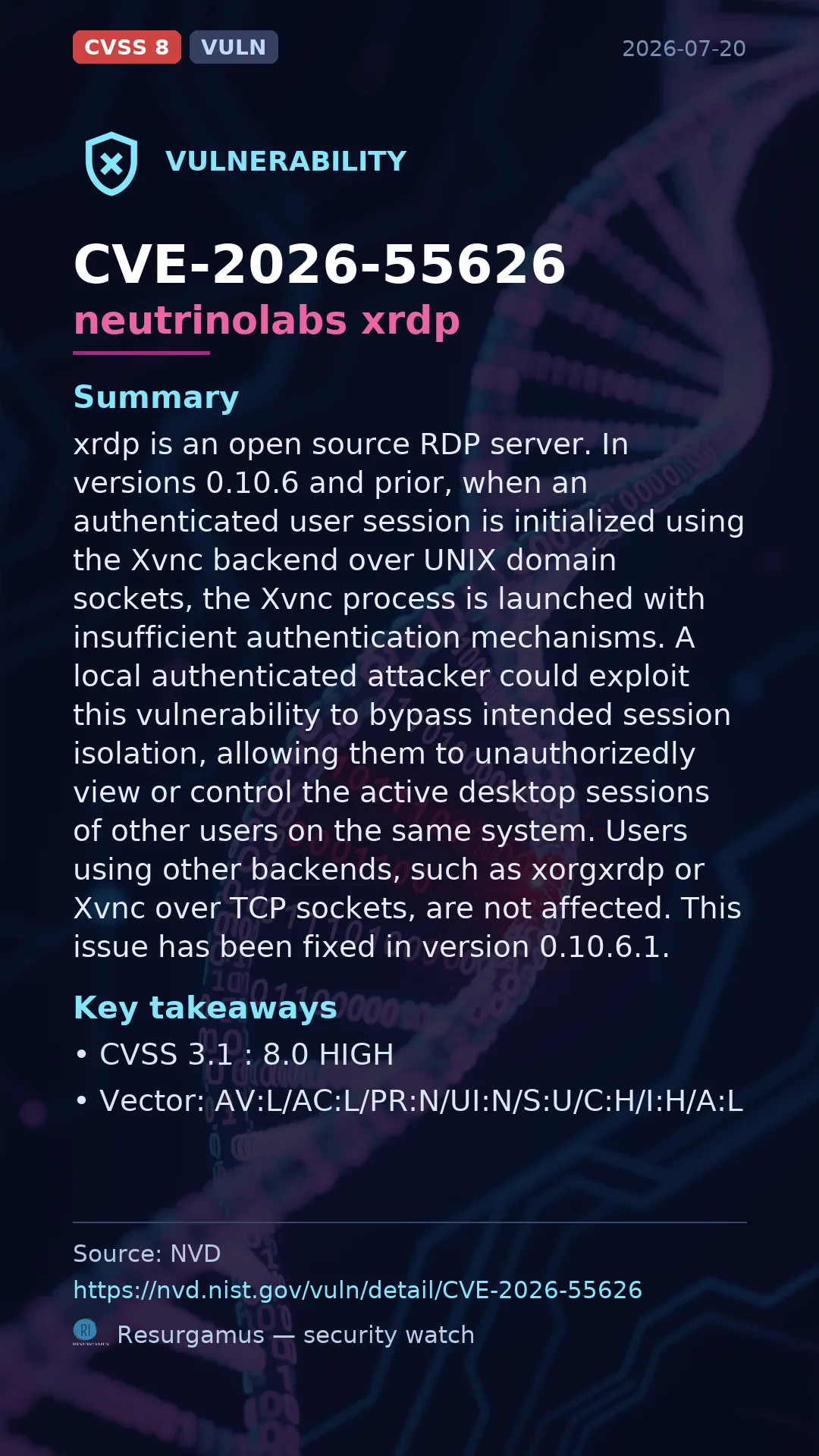 CVE-2026-55626 neutrinolabs xrdp Vulnerability