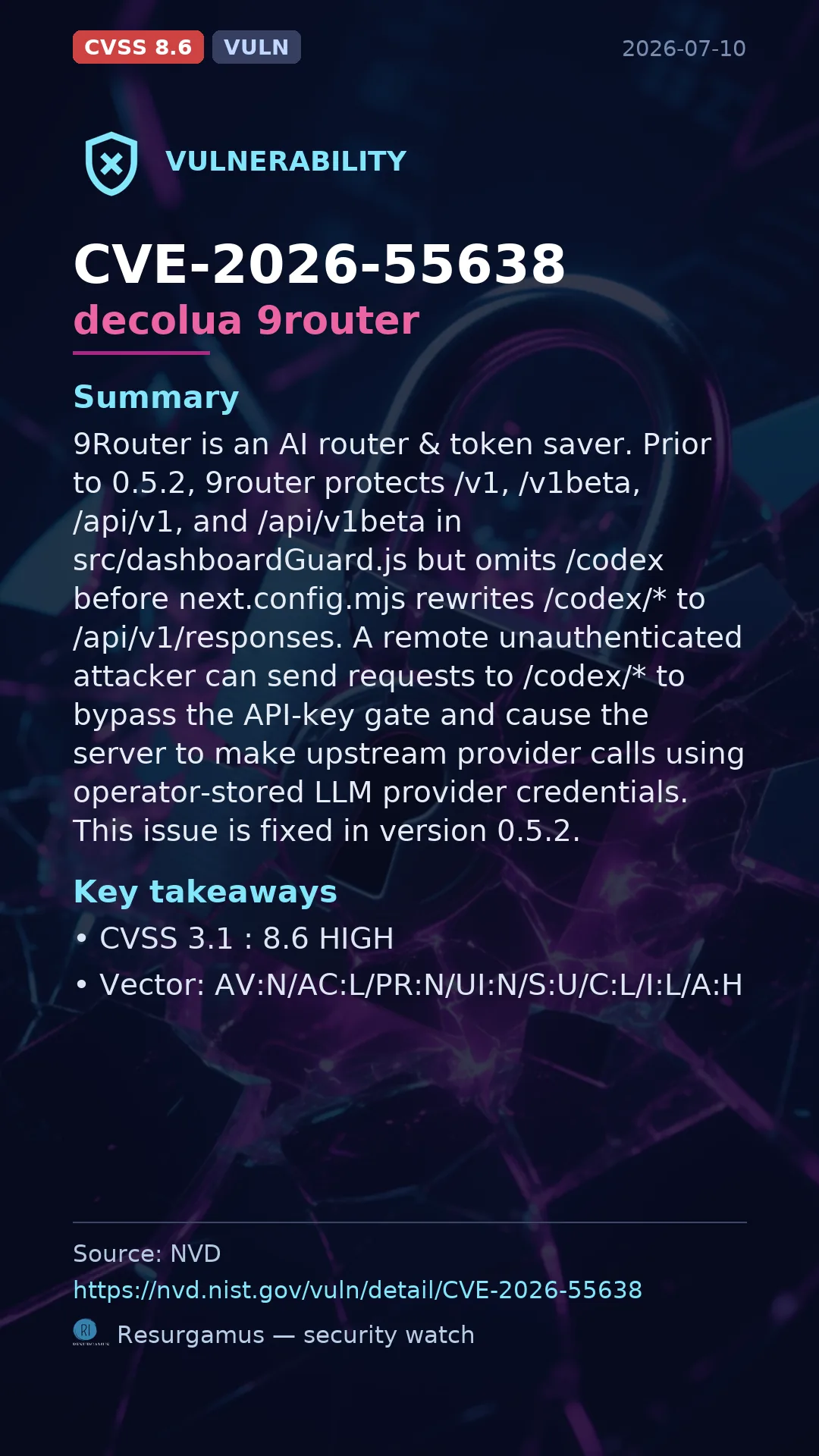 CVE-2026-55638 decolua 9router Vulnerability