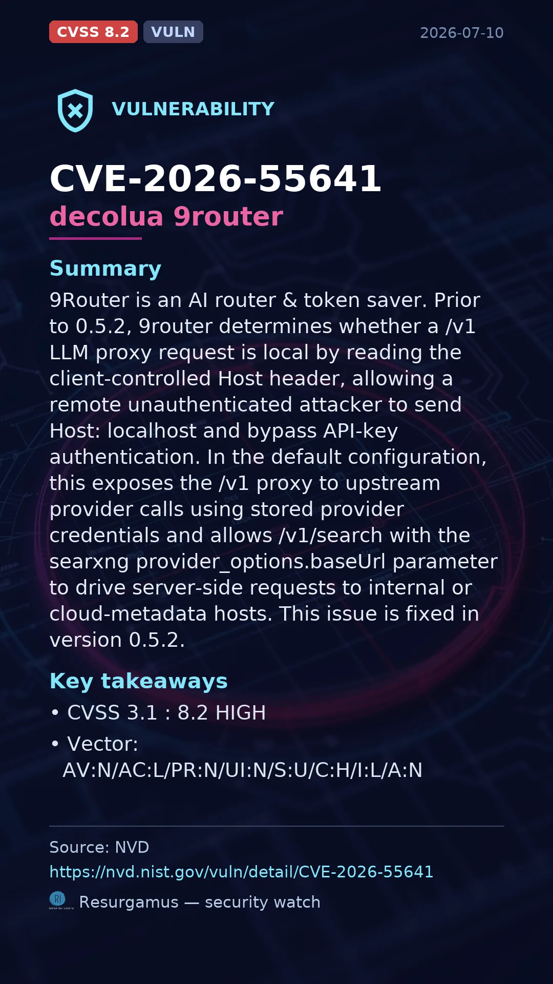 CVE-2026-55641 decolua 9router Vulnerability