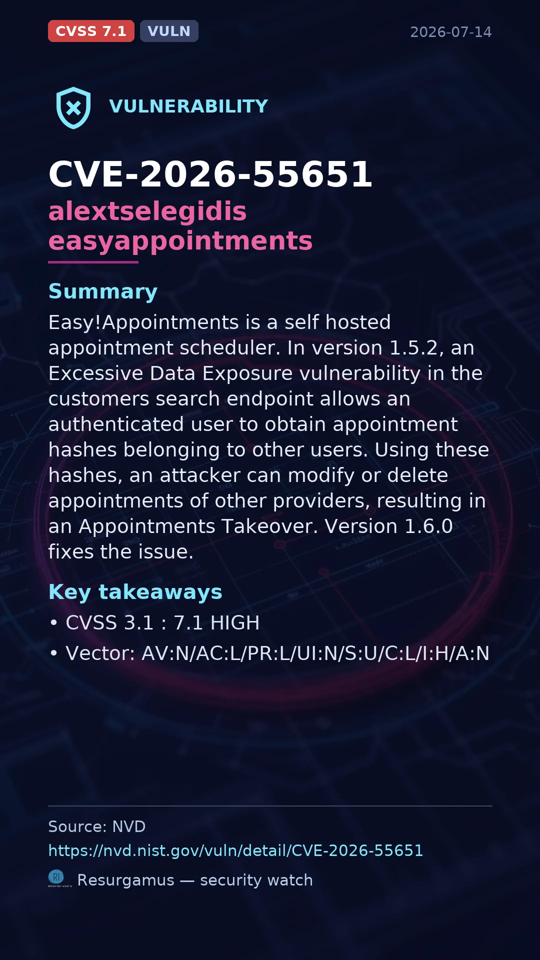 CVE-2026-55651 alextselegidis easyappointments Vulnerability