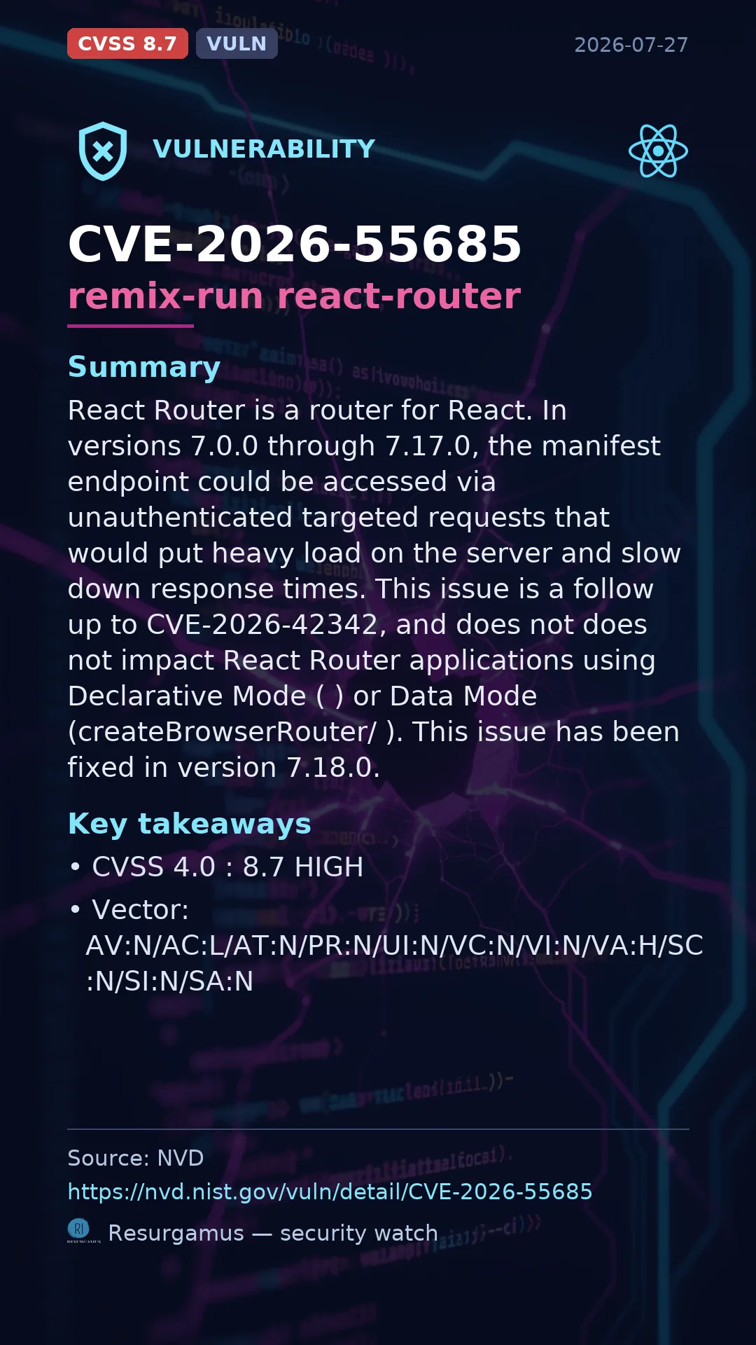 CVE-2026-55685 remix-run react-router Vulnerability