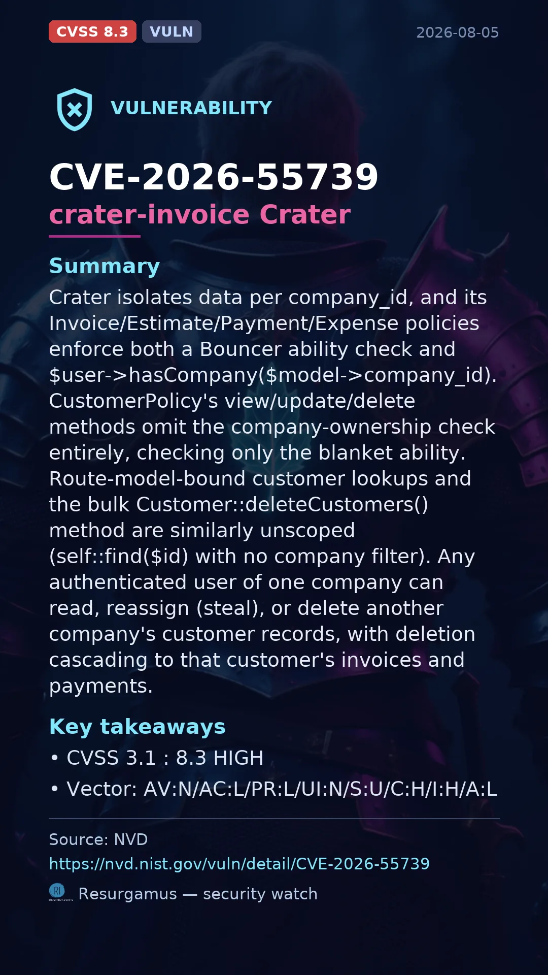 CVE-2026-55739 crater-invoice Crater Vulnerability
