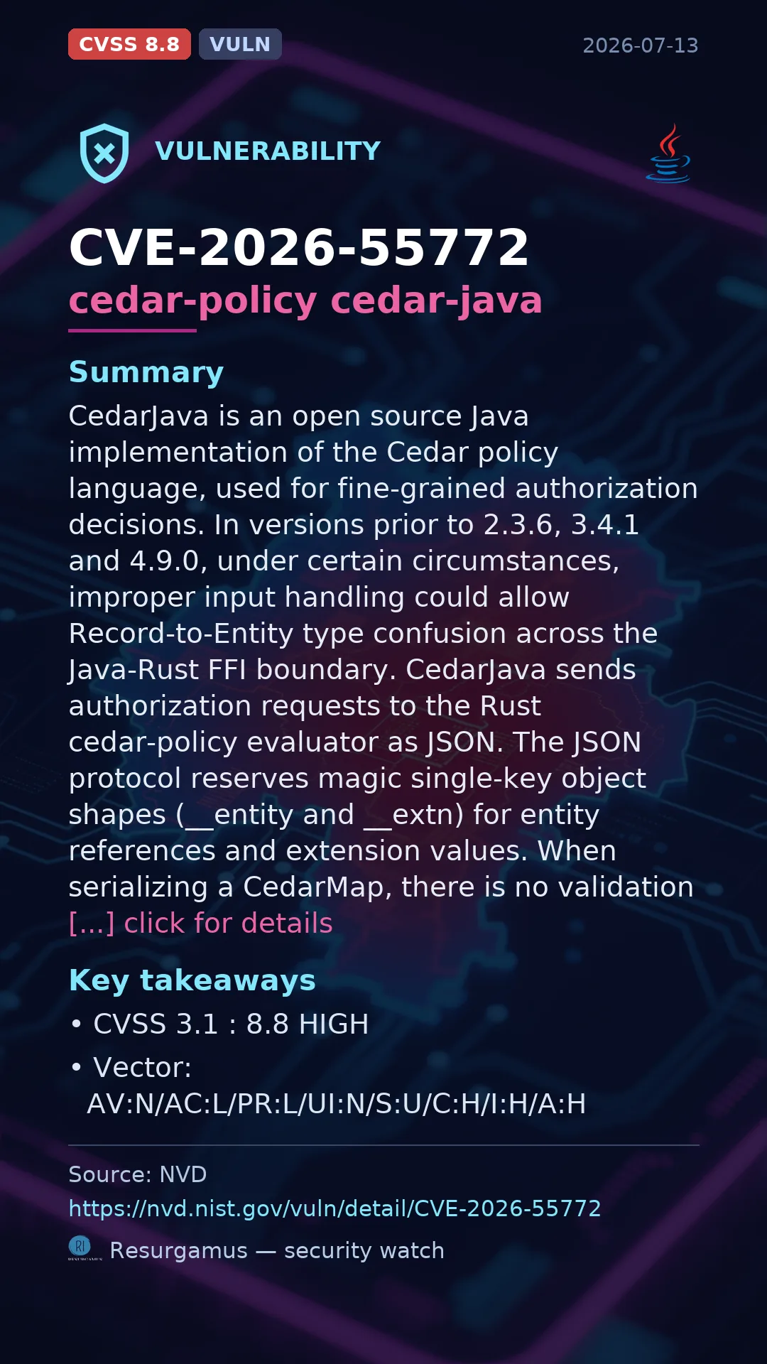 CVE-2026-55772 cedar-policy cedar-java Vulnerability